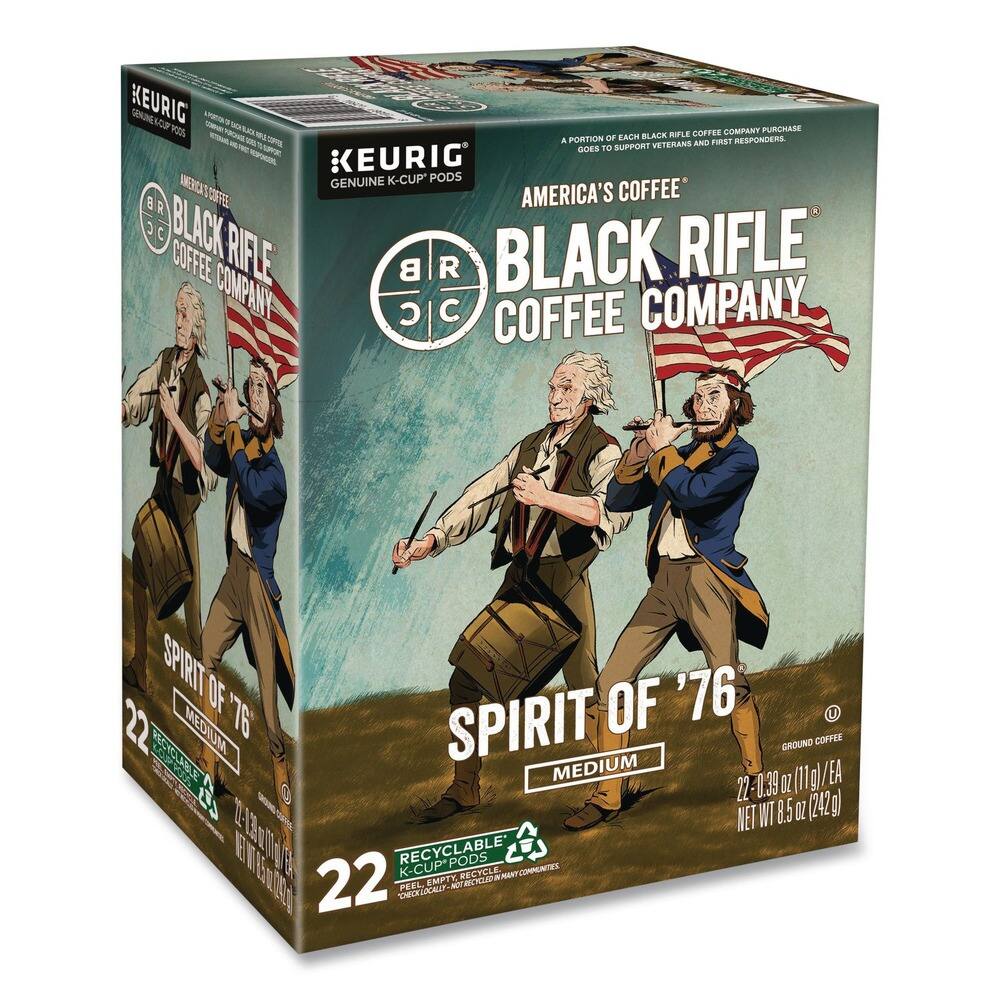 KEURIG GENUINE K-CUP PODS

AMERICA'S COFFEE
BLACK RIFLE COFFEE COMPANY

SPIRIT OF '76
MEDIUM

22 K-CUP PODS
NET WT 8.5 OZ (242g)

A PORTION OF EACH BLACK RIFLE COFFEE COMPANY PURCHASE GOES TO SUPPORT VETERANS AND FIRST RESPONDERS.

RECYCLABLE
PEEL, EMPTY, RECYCLE

22 - 0.39 OZ (11g) EA