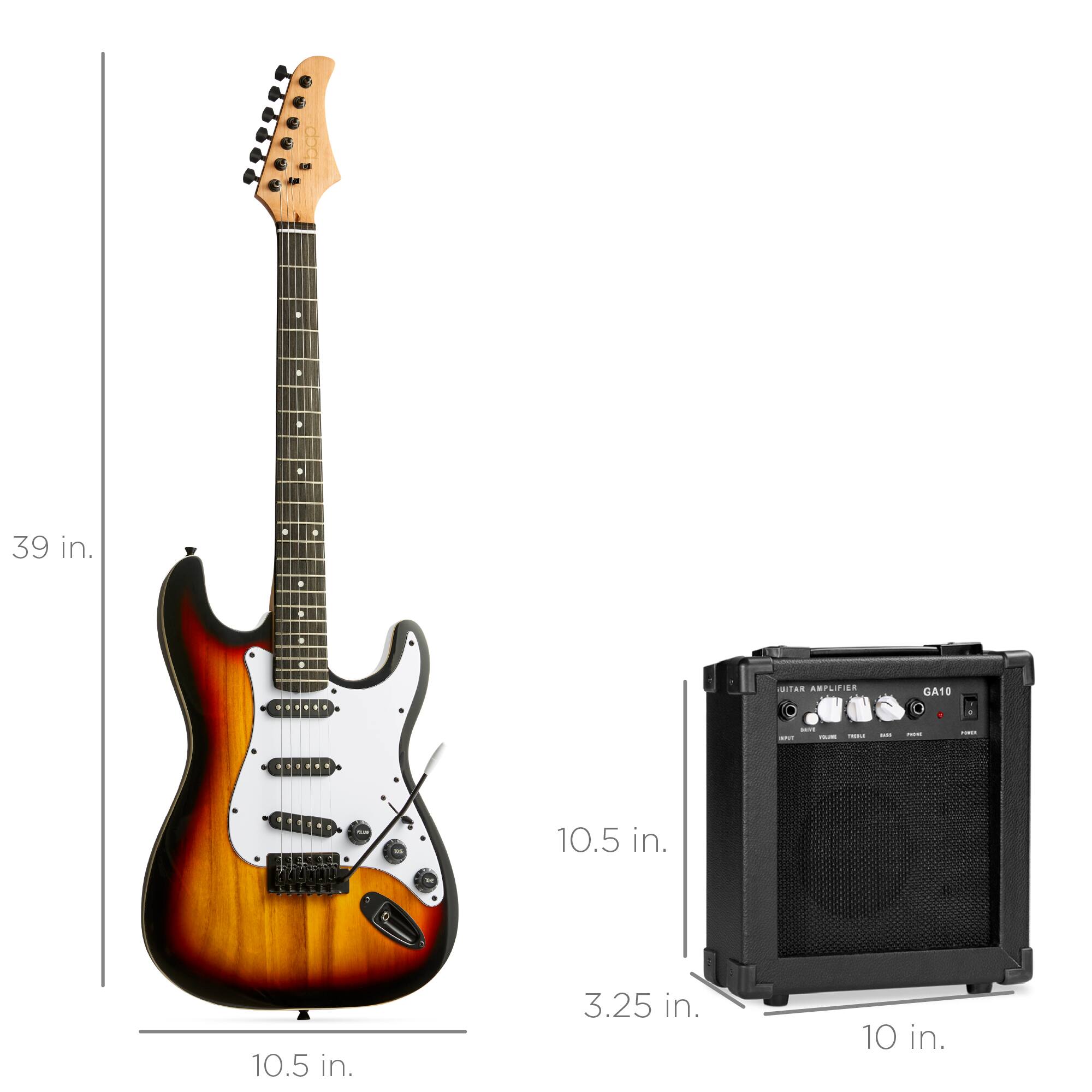 - Guitar: 39 in. (height), 10.5 in. (width), 10.5 in. (depth)
- Amplifier: 10.5 in. (height), 10 in. (width), 3.25 in. (depth)