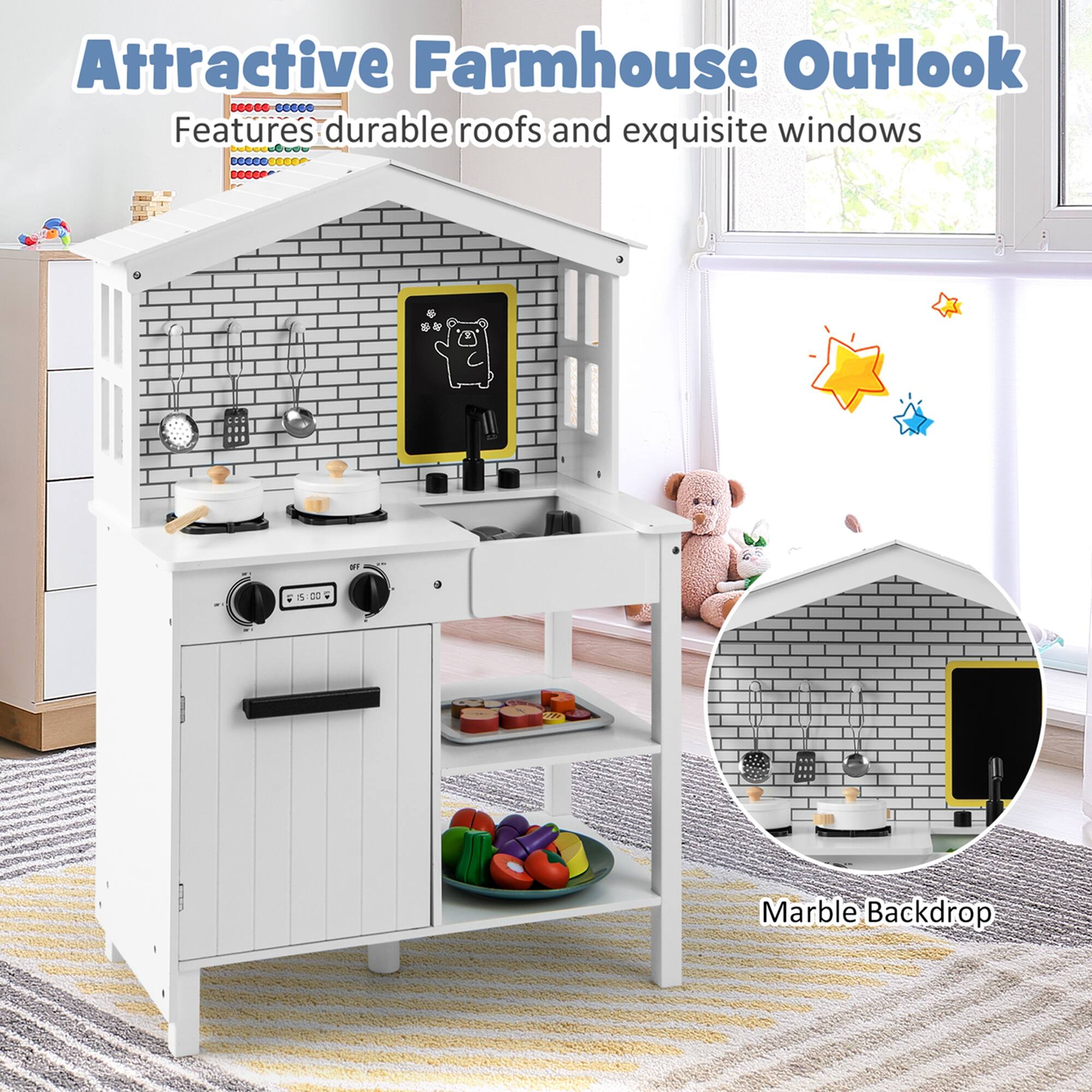 Attractive Farmhouse Outlook  
Features durable roofs and exquisite windows  

Marble Backdrop