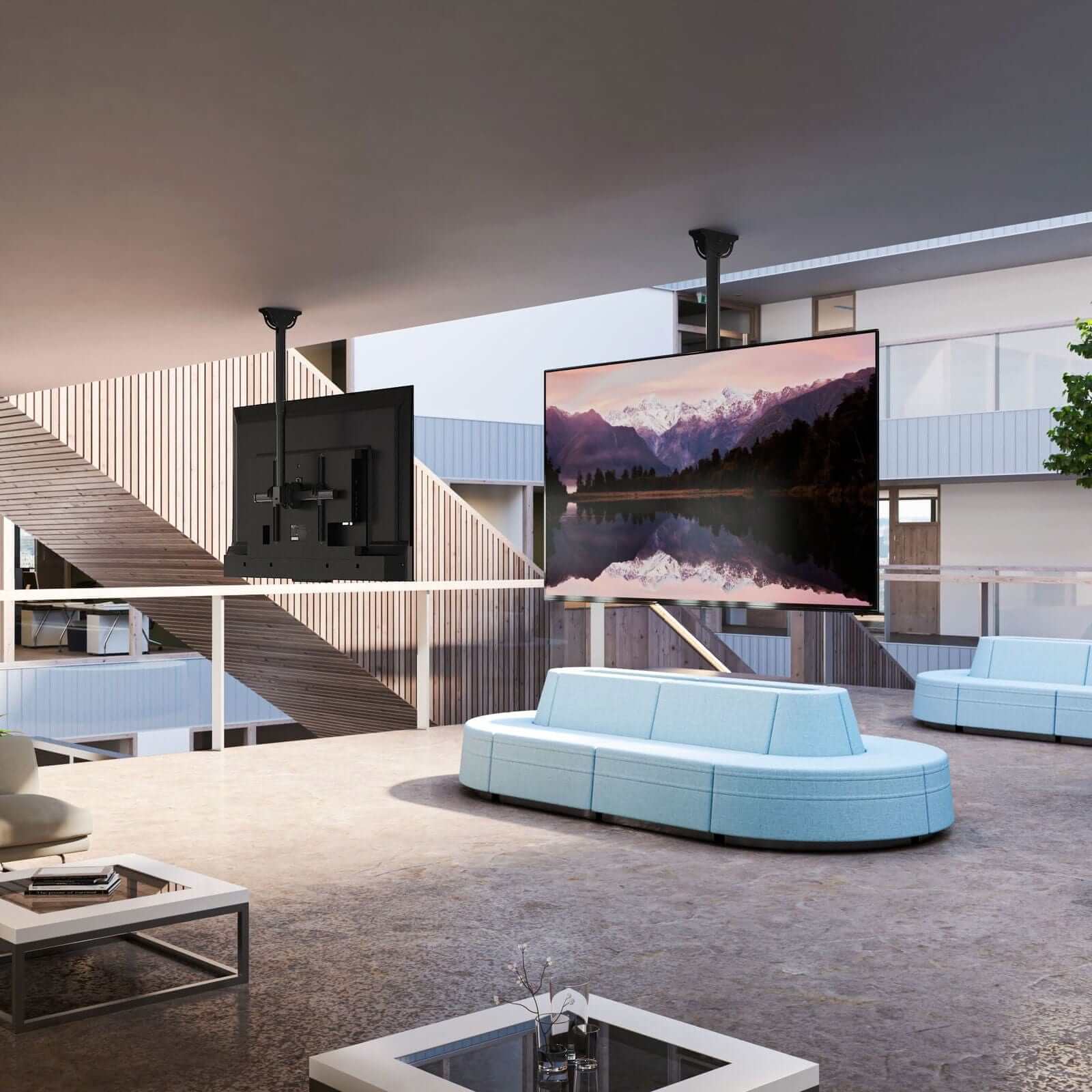 Angle. Mount-It! - Full-Motion Adjustable Ceiling TV Mount – 32″–70″, 360° Swivel, 25° Tilt, 22–36″ Drop, 110 lb Capacity - Black.