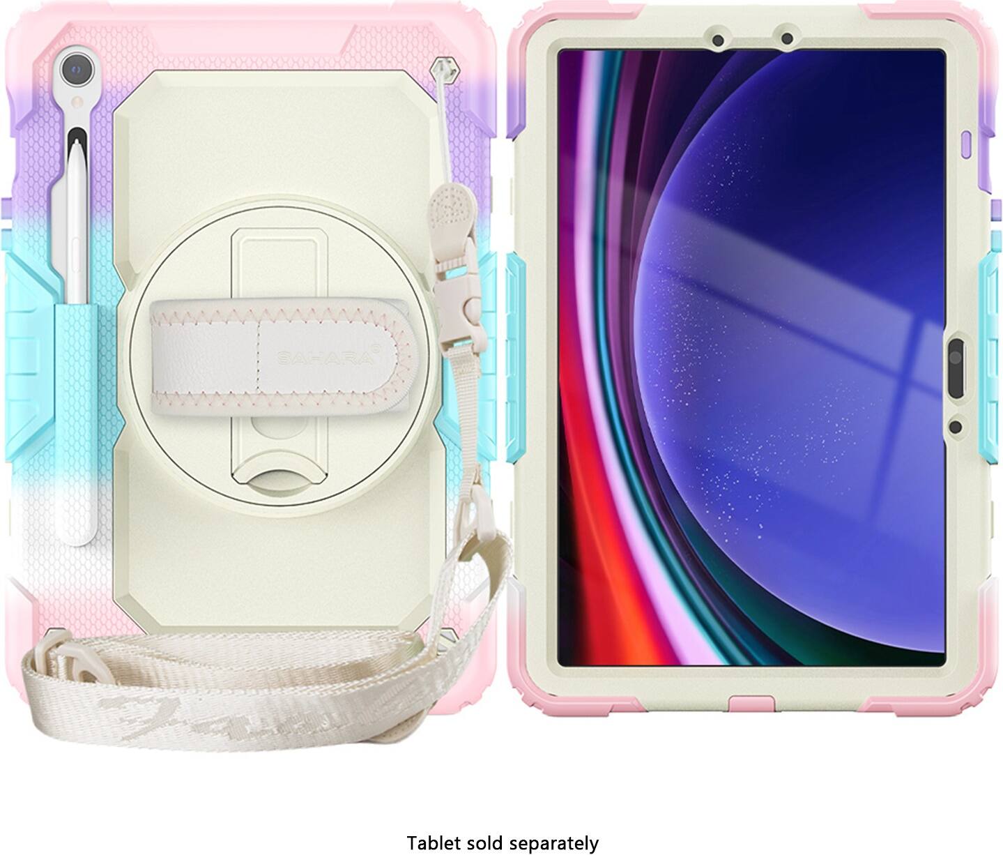 The image features a tablet with a colorful background and a Sahara case. The tablet is displayed in a pink and white case, and it is sold separately.