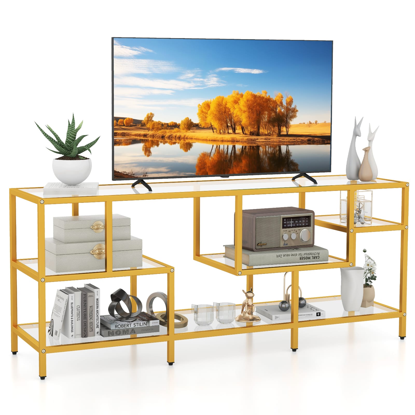 Ecooso - 58 Inch TV Console Table with Tempered Glass Shelves for Living Room Media - Gold