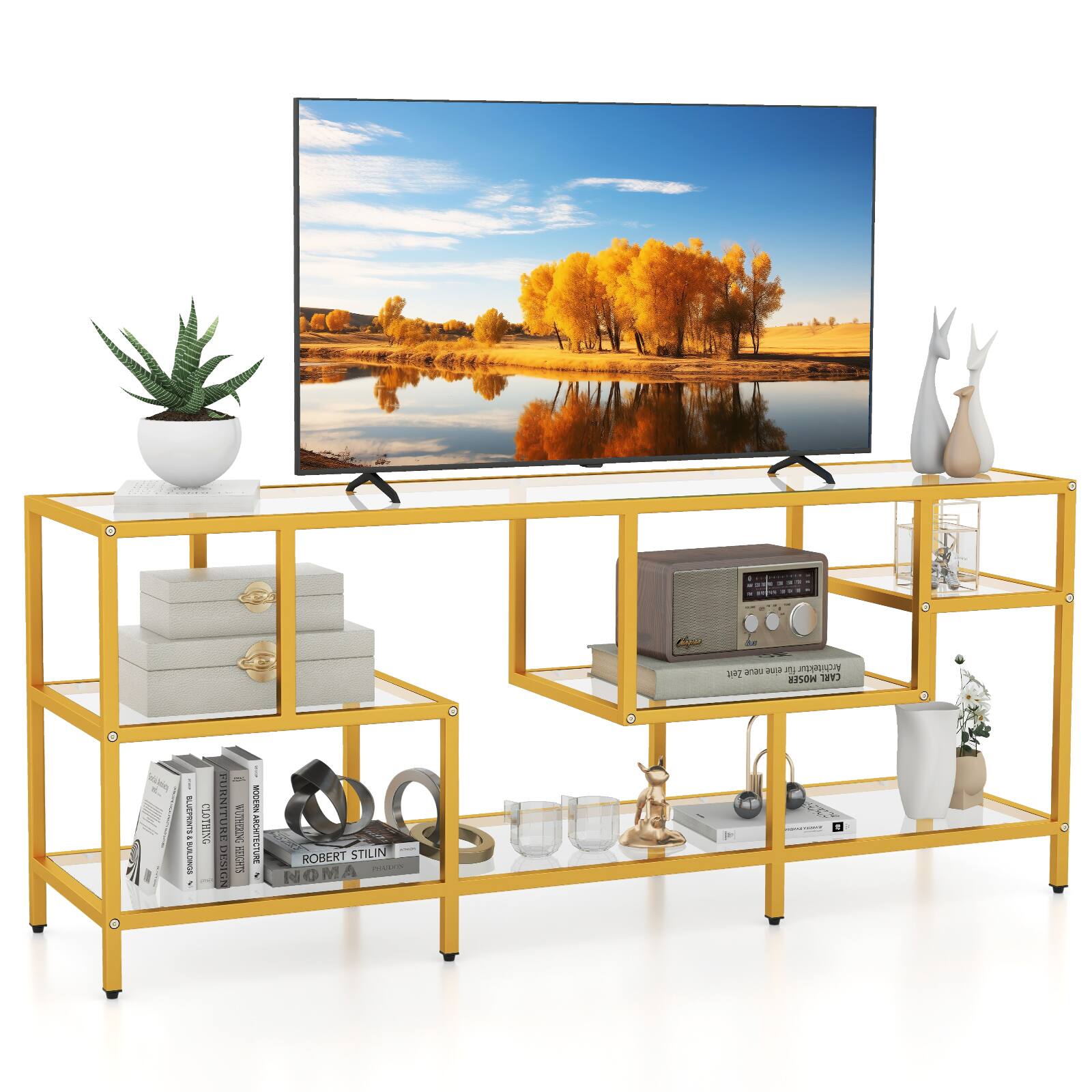 Ecooso - 58 Inch TV Console Table with Tempered Glass Shelves for Living Room Media - Gold