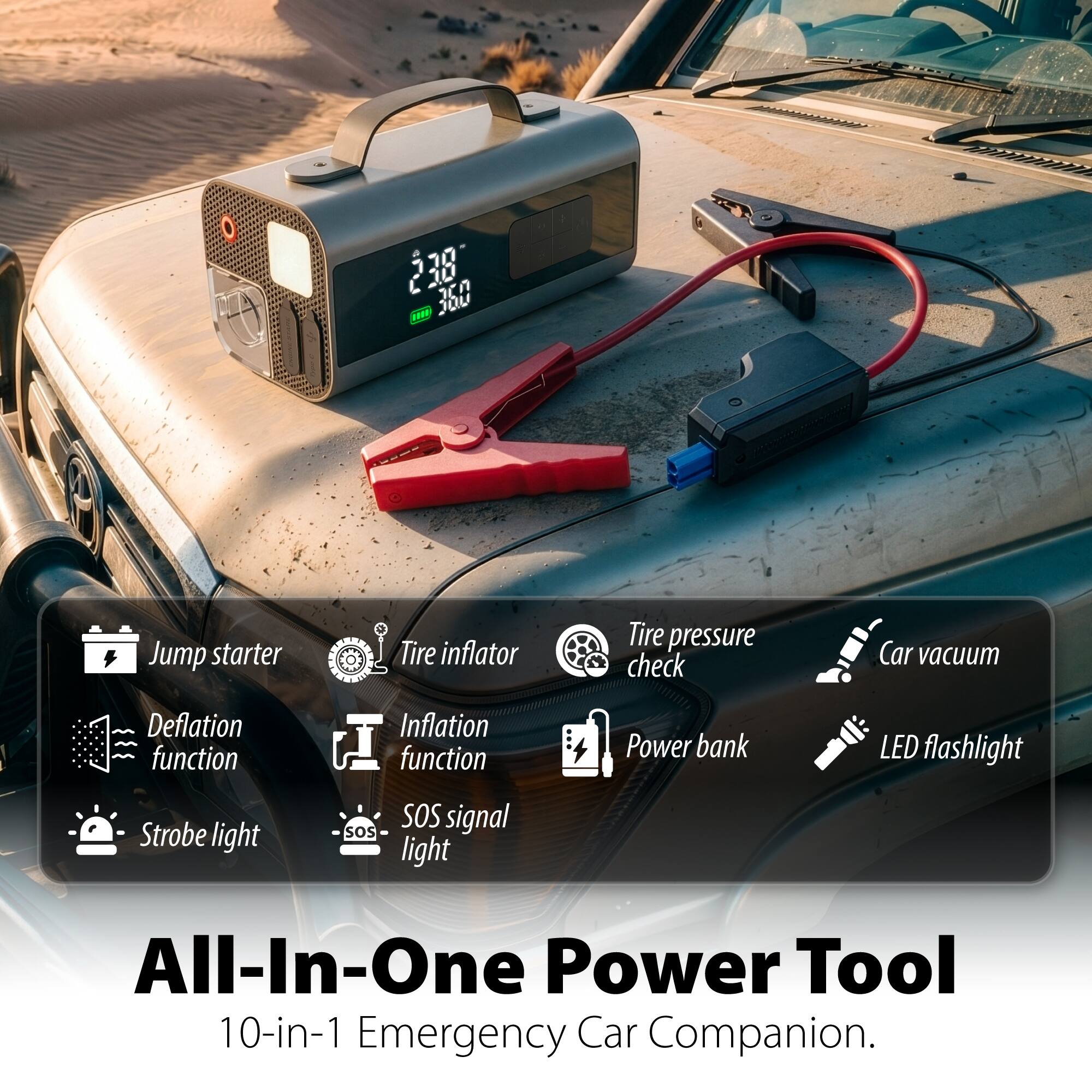 238 38 PN 360 Jump starter Tire inflator Tire pressure check Car vacuum Deflation function Inflation function Power bank LED flashlight Strobe light SOS SOS signal light All-In-One Power Tool 10-in-1 Emergency Car Companion