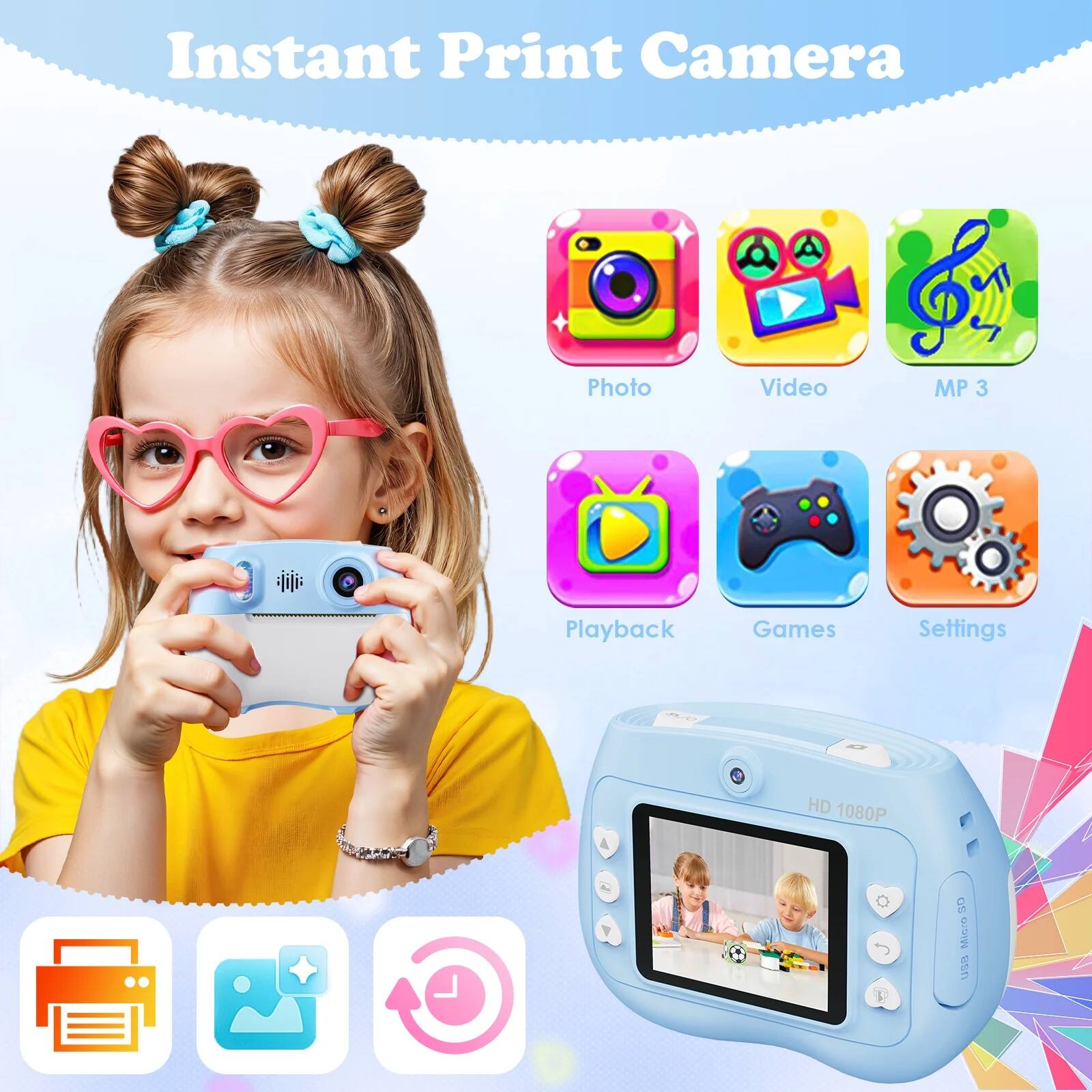 Instant Print Camera

- Photo
- Video
- MP3
- Playback
- Games
- Settings

HD 1080P

Migro