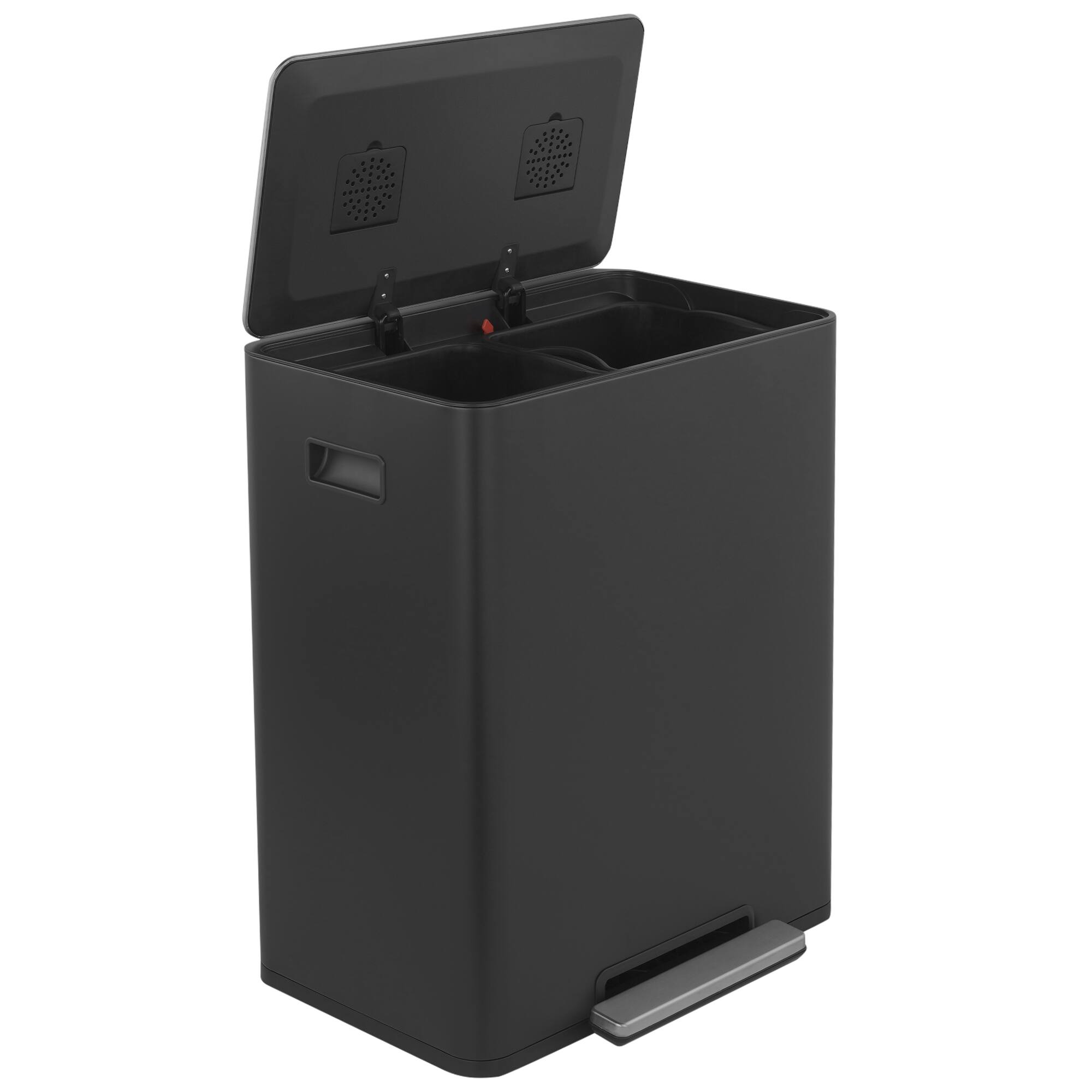 Front. Innovaze - 15.6 Gallon Rectangular Stainless Steel Recycle Step-on Trash Can with Dual 30 liter + 30 liter Compartments for Kitchen - Matt Black.