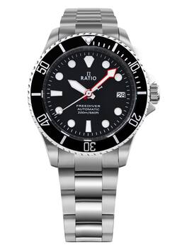 RATIO - FreeDiver Automatic RTF041 Mens Watch Sapphire Crystal Stainless Steel Black Dial 200M Date Display - Blue/Silver