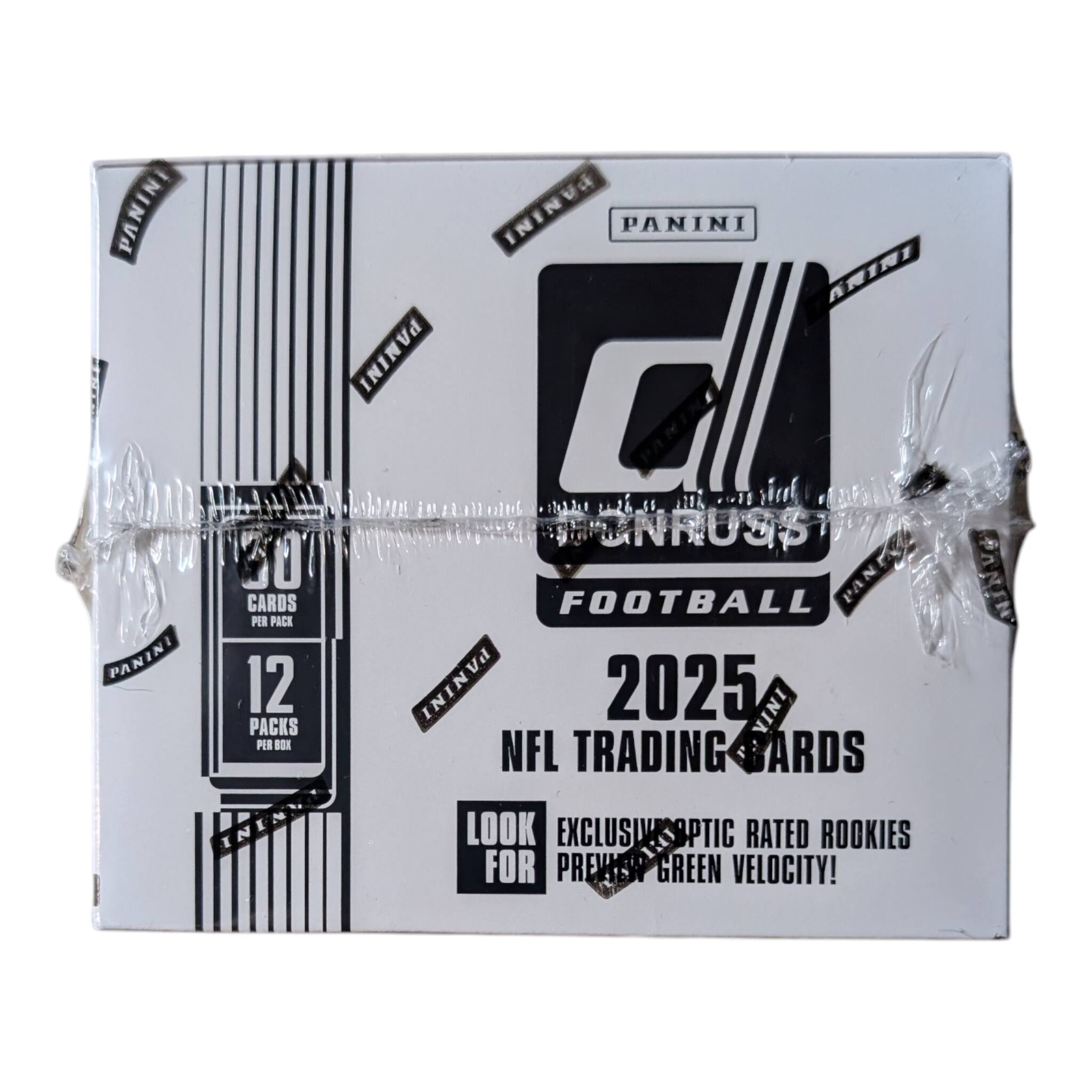 PANINI  
FOOTBALL  
2025  
NFL TRADING CARDS  

50 CARDS PER PACK  
12 PACKS PER BOX  

EXCLUSIVE OPTIC RATED ROOKIES  
PREVIEW GREEN VELOCITY!  

LOOK FOR EXCLUSIVES