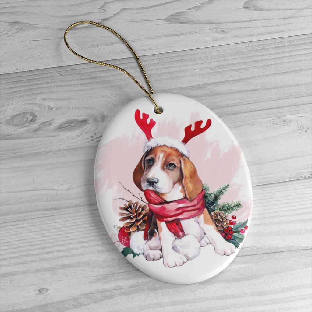 Back. OrnamentallyYou - Watercolor Beagle Christmas Ornament Oval - Multi-colored.