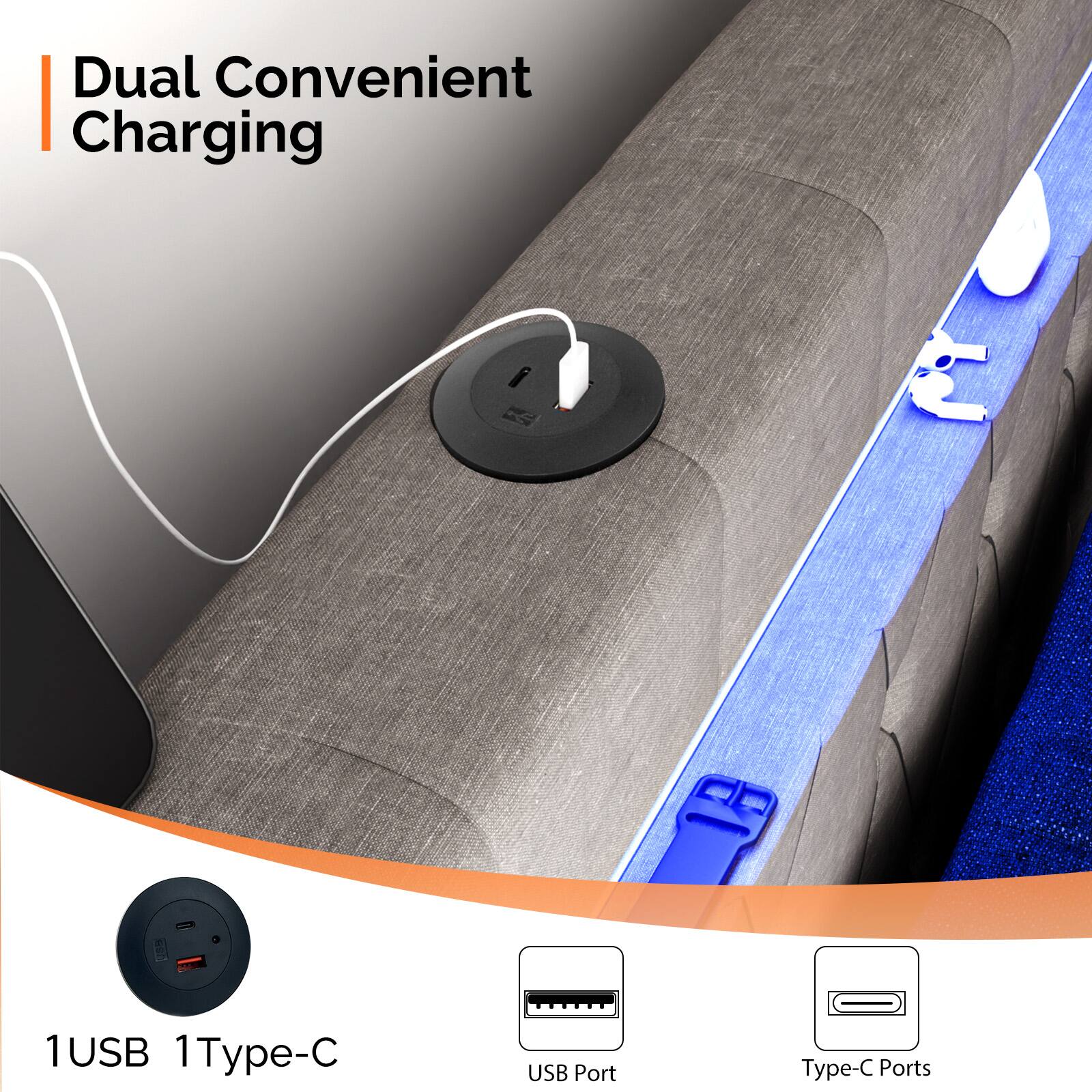 Dual Convenient Charging  
1USB 1Type-C  
USB Port  
Type-C Ports
