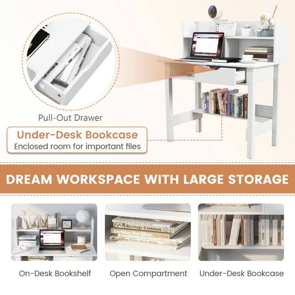 Pull-Out Drawer  
Under-Desk Bookcase  
Enclosed room for important files  

DREAM WORKSPACE WITH LARGE STORAGE  

On-Desk Bookshelf  
Open Compartment  
Under-Desk Bookcase