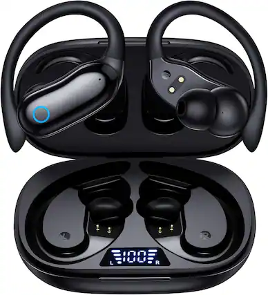 Front. VEAT00L - V7 Wireless Earbuds | 96H Playback, IPX7 Waterproof, Stereo Bass, Over-Ear with Earhooks, Mic - Black.