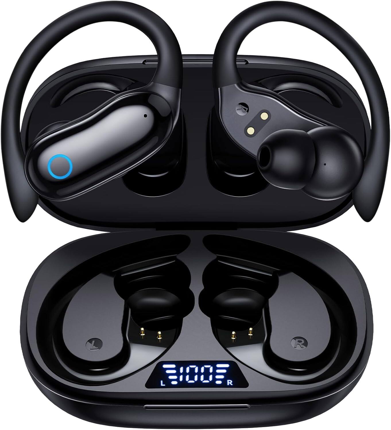 Front. VEAT00L - GNMN V7 Over-Ear Wireless Earbuds | 96H Playback, BT, IPX7 Waterproof, Stereo Bass, Mic, Earhooks - Black.