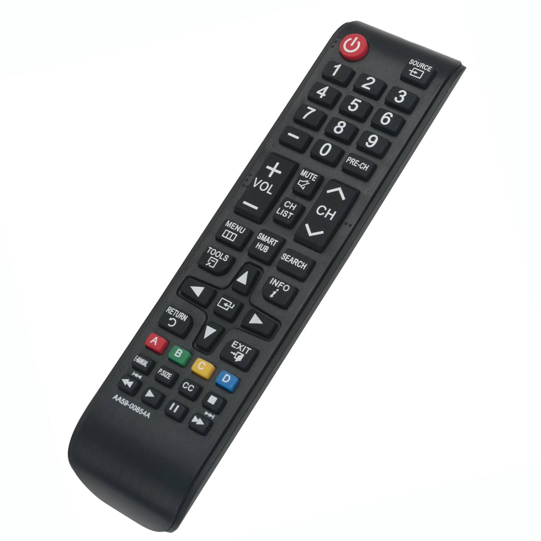 1 SOURCE 2 3 4 5 6 7 8 9 0 - PRE-CH MUTE VOL + CH LIST CH MENU SMART HUB TOOLS SEARCH INFO RETURN A EXIT B C D P.SIZE CC AA59 00854A