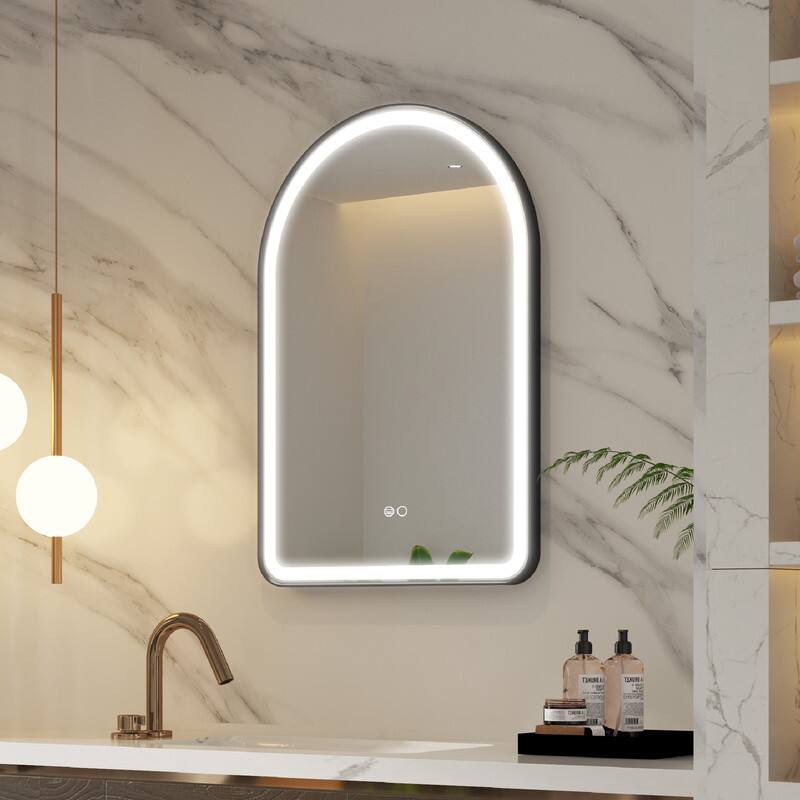 Angle. WELLFOR - 24" x 36" Arched Framed Bathroom Mirror with LED Light ,Defogger & Memory Function, Wall Mounted Vanity Mirror - Matte Black.