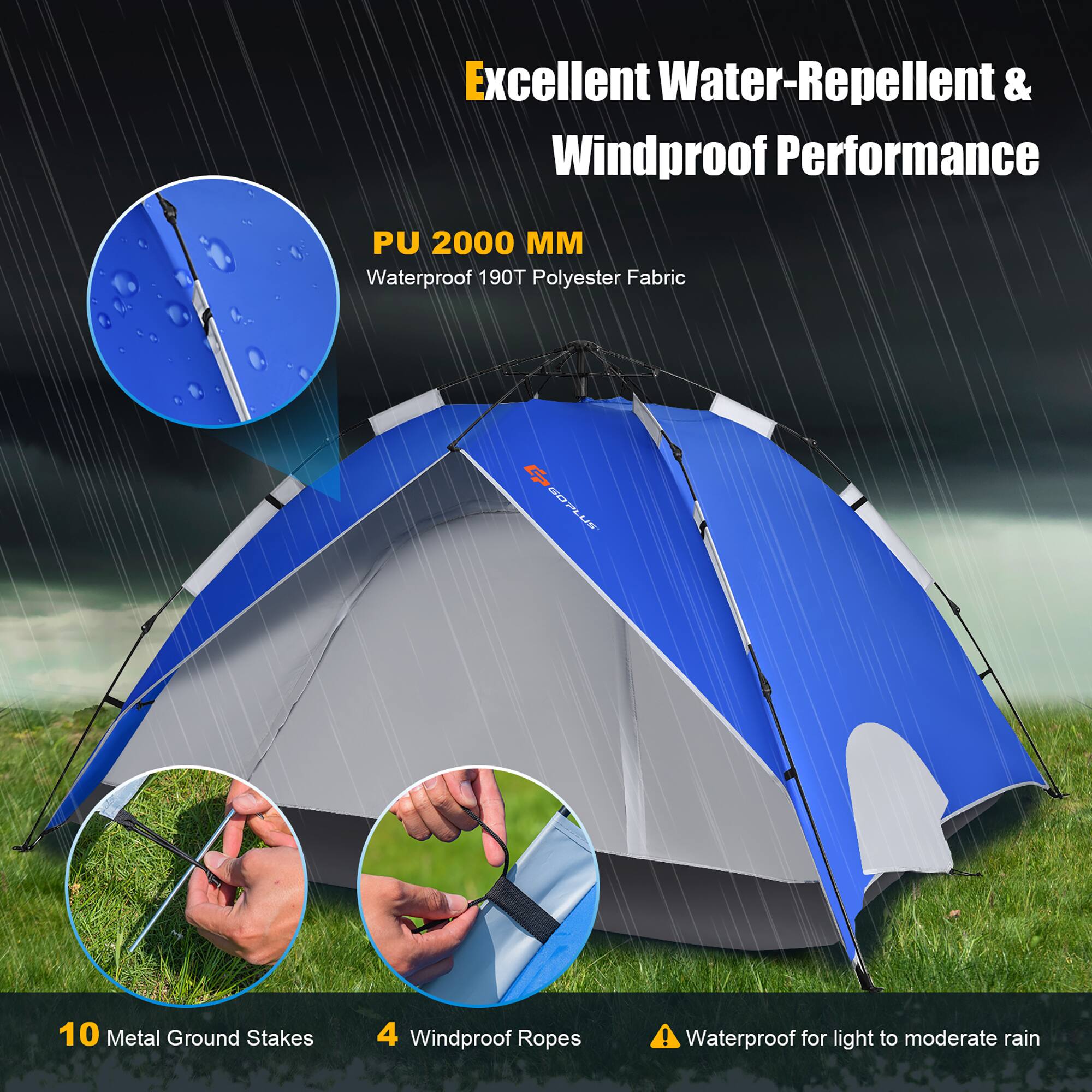 Excellent Water-Repellent & Windproof Performance PU 2000 MM Waterproof 190T Polyester Fabric 5 E SOPLUS  10 Metal Ground Stakes 4 Windproof Ropes! Waterproof for light to moderate rain.