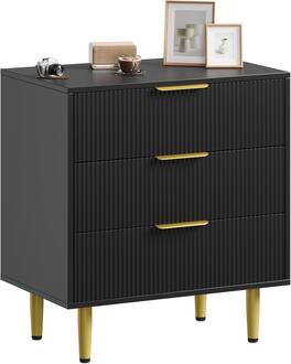 GARVEE - Fluted Dresser for Bedroom with 3 Drawers, Wooden Chest of Drawers with Metal Handle & Feet, Dresser for Living Room - Black