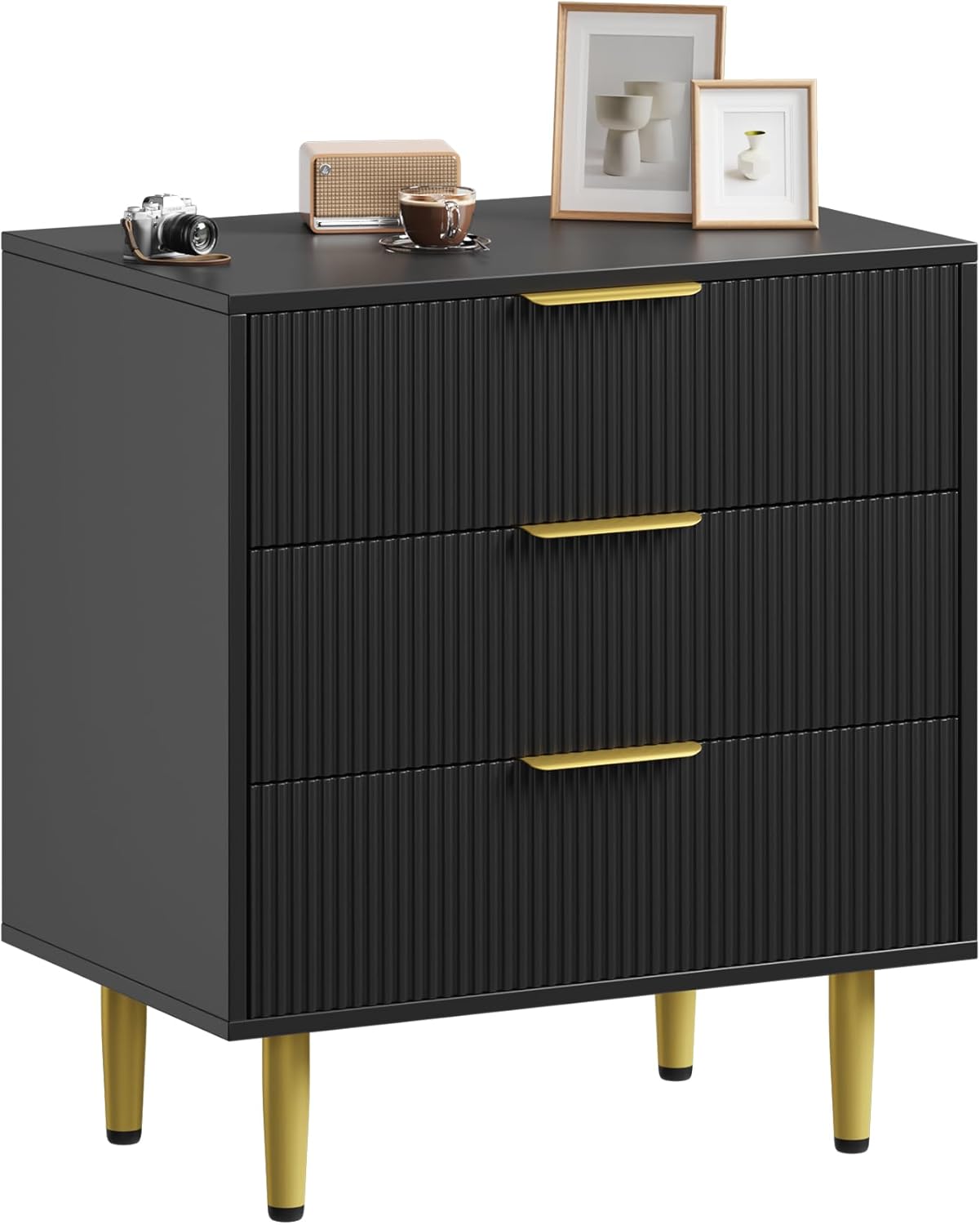 Front. GARVEE - Fluted Dresser for Bedroom with 3 Drawers, Wooden Chest of Drawers with Metal Handle & Feet, Dresser for Living Room - Black.