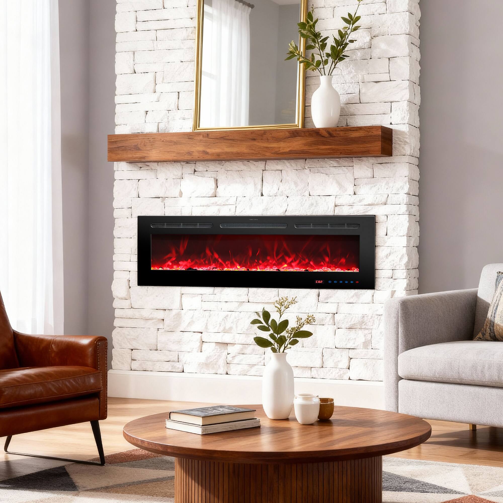 Angle. Ihomeadore - 72" Electric Wall-Mounted Recessed Fireplace Insert with Remote, Adjustable Flame Color & Speed - Black.