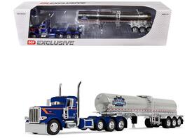 Peterbilt 389 Tri-Axle Day Cab w/ Walker Food Grade Tank Trailer Finnesgard Trucking Blue/Orange 1/64 DCP First Gear - Blue with Orange Stripes