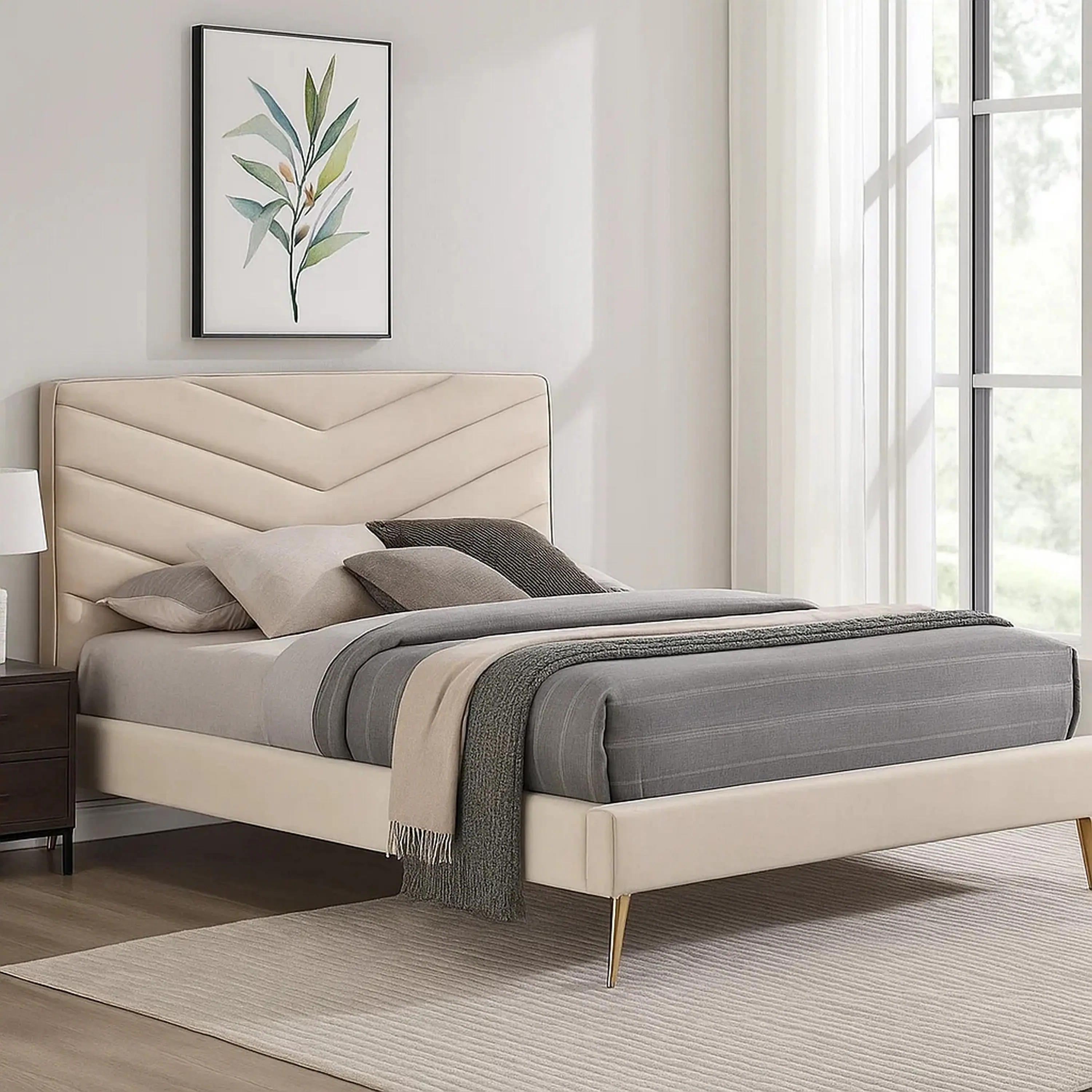 Alt View 5. Manhattan Lane - Vevy Full Size Bed, Chevron Tufted Beige Flannelette Upholstery - Beige, Gold.