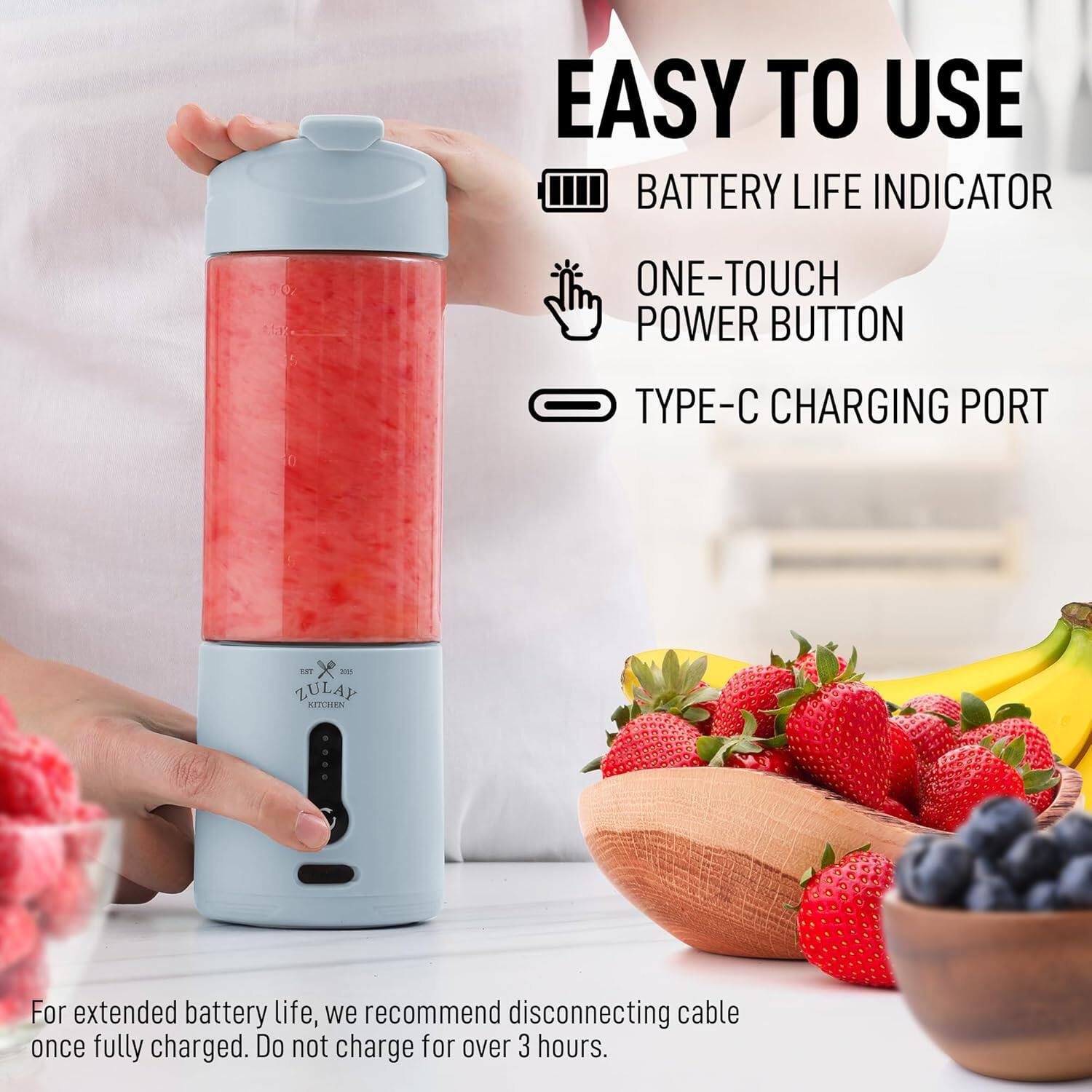 EASY TO USE  
BATTERY LIFE INDICATOR  
ONE-TOUCH POWER BUTTON  
TYPE-C CHARGING PORT  

For extended battery life, we recommend disconnecting cable once fully charged. Do not charge for over 3 hours.