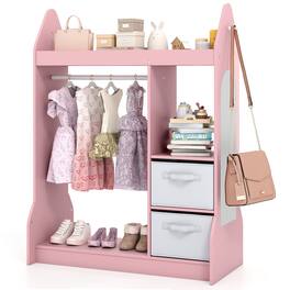 Gymax - Kids Dress Up Storage w/Full-Length Mirror Shelves Hooks 2 Fabric Storage Bins - Pink