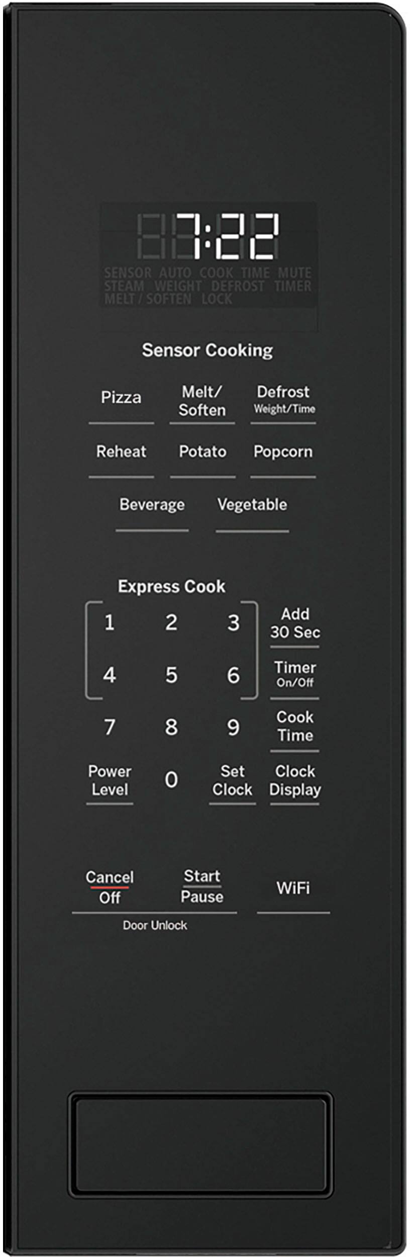 The text on the image is grouped and corrected as follows:

1. Sensor Cooking: This feature allows the microwave to automatically adjust cooking times and power levels based on the type of food being cooked.
2. Pizza Melt/Defrost Soften: These options are specifically designed for cooking pizza and defrosting or softening frozen foods.
3. Weight/Time Reheat: This feature allows you to reheat food based on the weight and cooking time.
4. Potato Popcorn Beverage Vegetable: These options are specifically designed for cooking potatoes, popcorn, beverages, and vegetables.
5. Express Cook: This feature allows you to cook food quickly using pre-programmed settings.
6. Add 30 Sec: This option adds an additional 30 seconds of cooking time.
7. Timer On/Off: This feature allows you to turn the timer on or off while cooking.
8. Cook Time Power Level: This option allows you to adjust the cooking time and power level based on your preference.
9. Clock Display: This feature displays the current time while cooking.
10. Cancel Off Start Pause WiFi Door Unlock: These options allow you to cancel, pause, or start the cooking process, as well as unlock the door using WiFi.