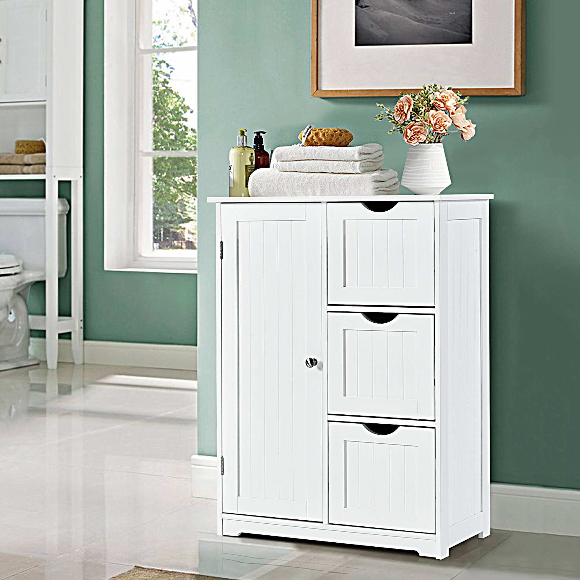 Alt View 1. Costway - Costway Bathroom Floor Cabinet Side Storage Cabinet with 3 Drawers and 1 Cupboard - White.