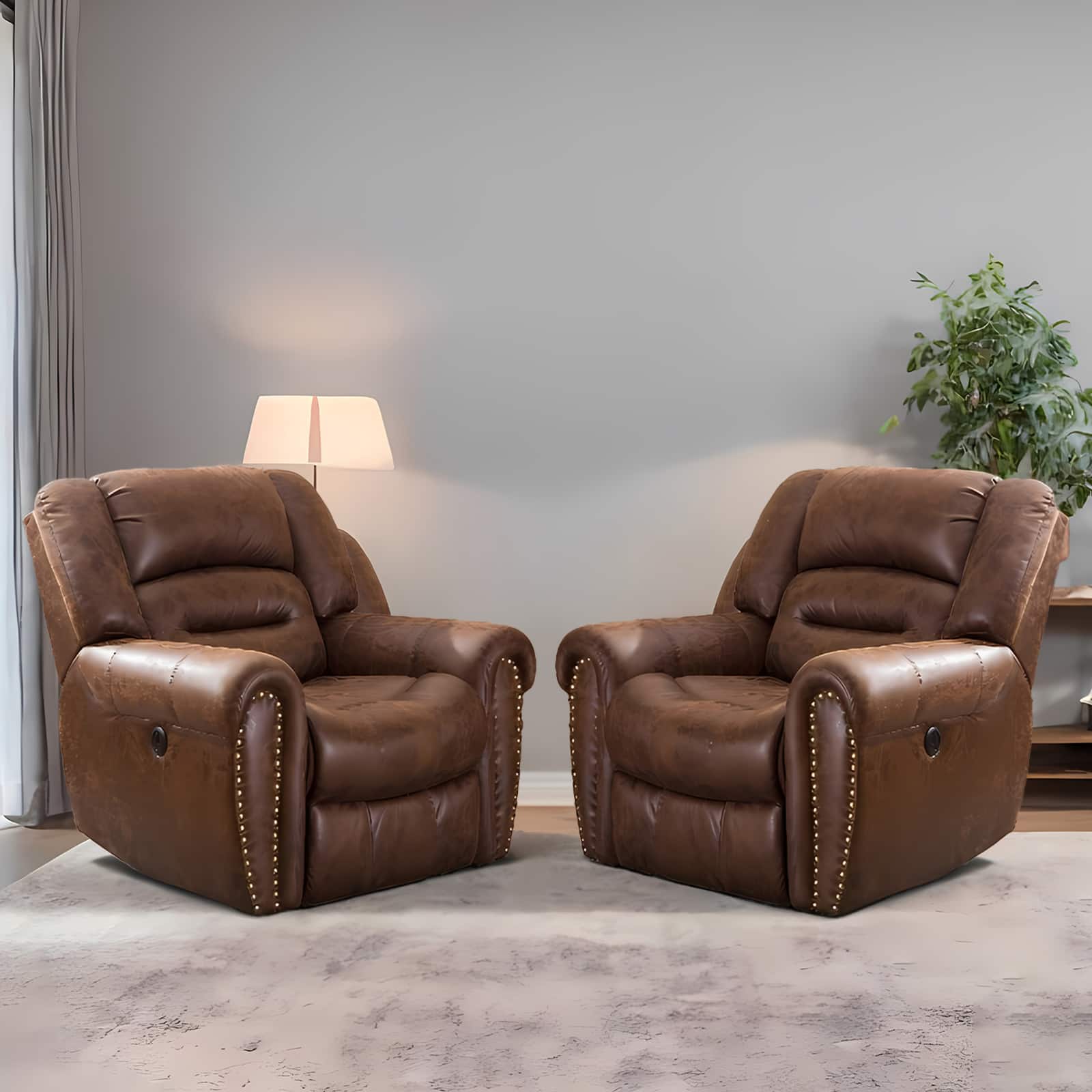 Front. Bestier - 2 Pack 40.5 in. W Oversize Brown Vegan Leather Manual Power Recliner with Nailhead Trim and USB Port - Brown.