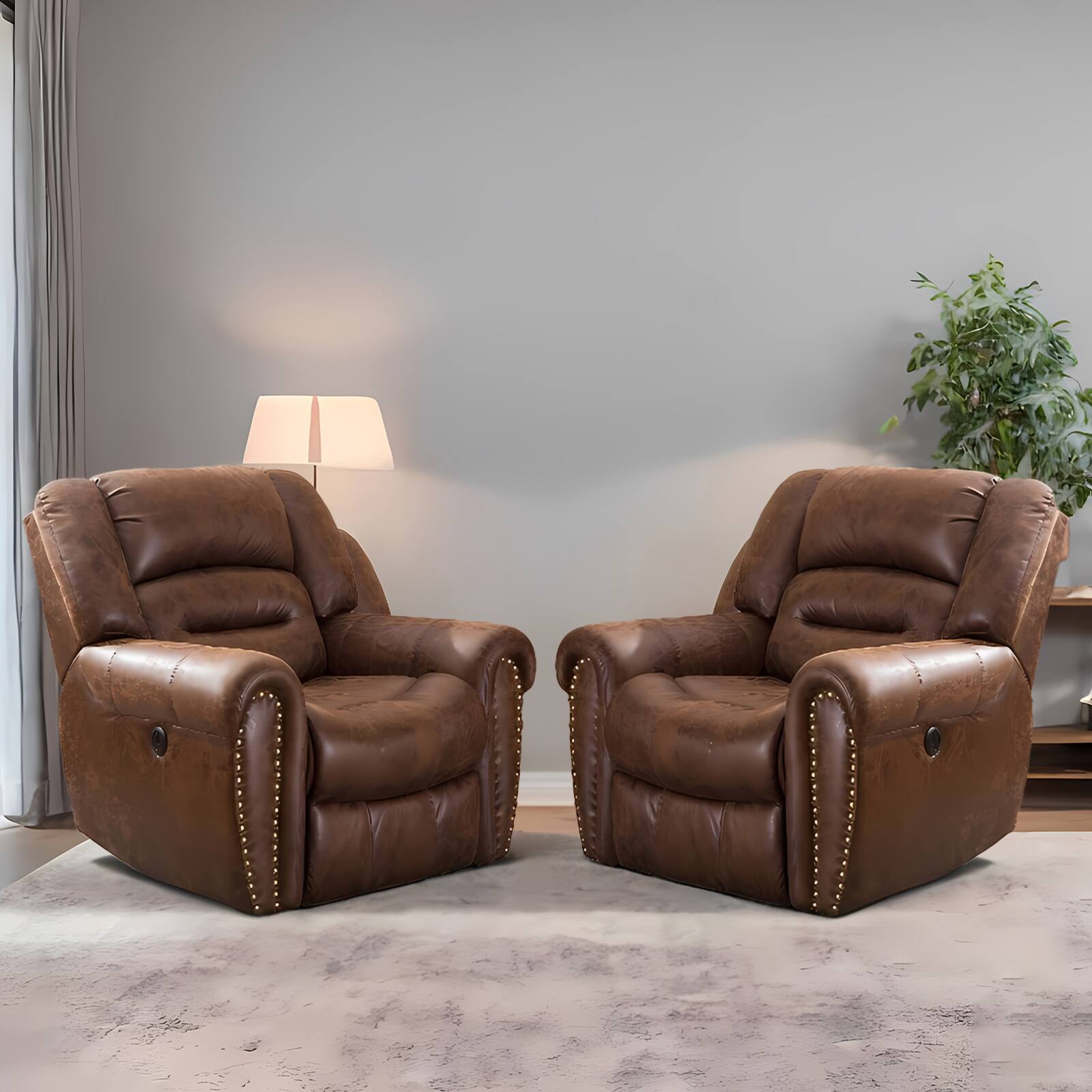 Bestier - 2 Pack 40.5 in. W Oversize Vegan Leather Manual Power Recliner with Nailhead Trim and USB Port - Brown