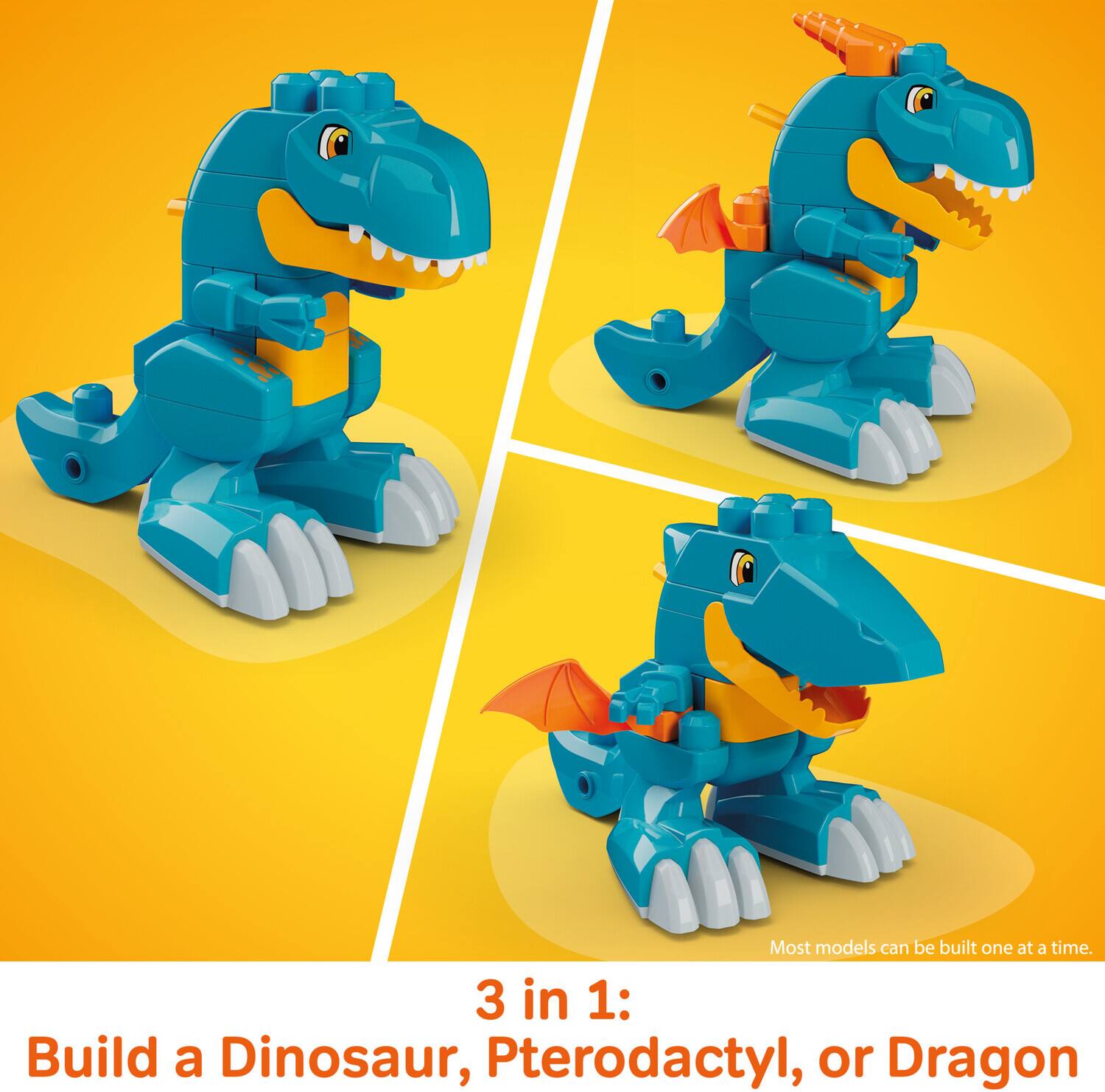 Most models can be built one at a time.  
3 in 1: Build a Dinosaur, Pterodactyl, or Dragon