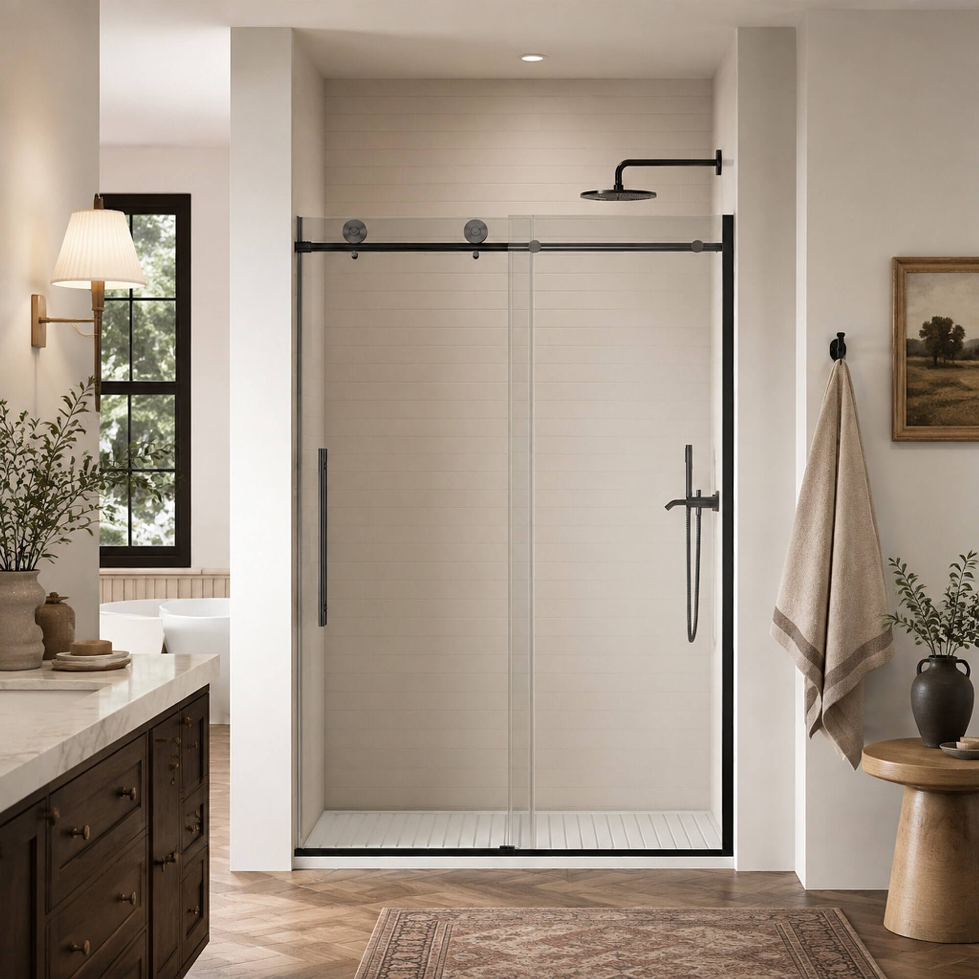 Left. RYHNUYNE - 44-48 In W X 75 In H Frameless Sliding Shower Door, 5/16 In Clear Tempered Glass Matte Black Finish - Matte Black.