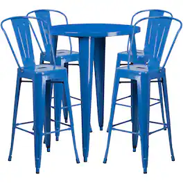 Emma + Oliver - Commercial Grade 30" Round Metal Indoor-Outdoor Bar Table Set with 4 Cafe Stools - Blue