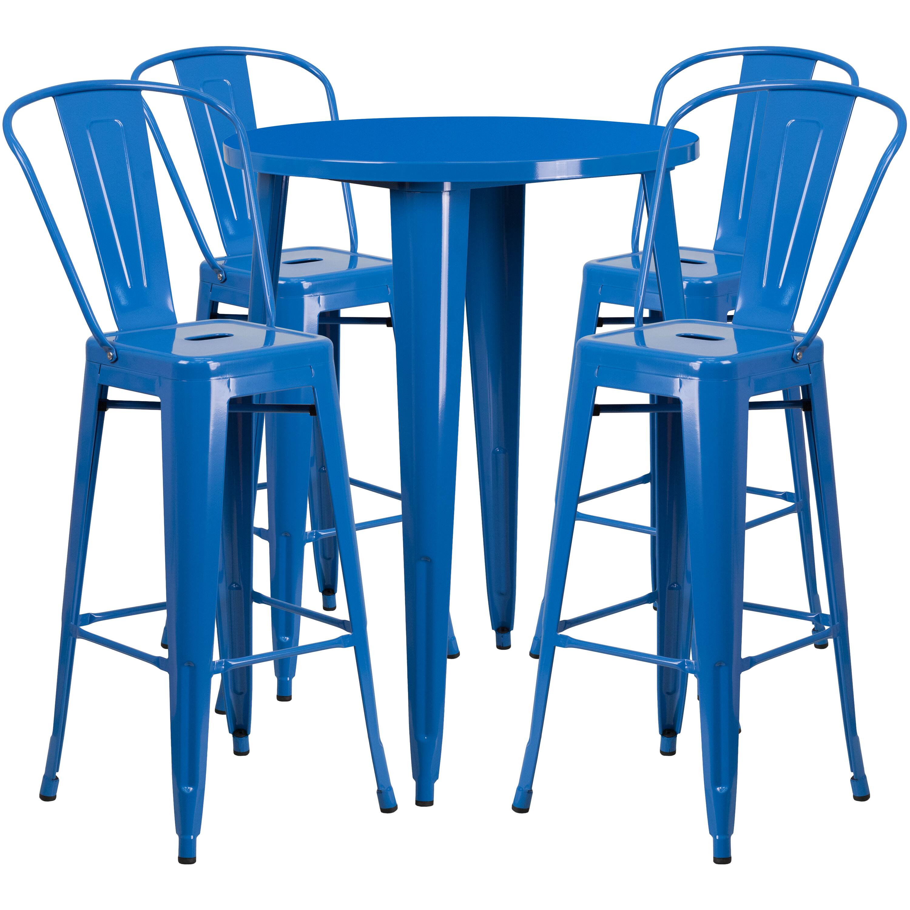 Front. Emma + Oliver - Commercial Grade 30" Round Metal Indoor-Outdoor Bar Table Set with 4 Cafe Stools - Blue.