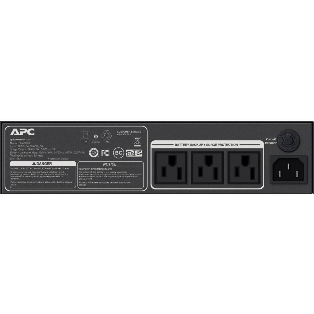 APC CUSTOMER SERVICE  
By Schneider Electric  
Model: BR2000G-10  
Input: 100-240V~ 50/60Hz 10A  
Surge Output: 120V~ 50/60Hz 10A  
Battery Backup Output: 120V~ 50/60Hz 3.4A  
Battery Backup Output: 120V~ 50/60Hz 400VA  
Battery Backup Output: 120V~ 50/60Hz 200W  
Battery Backup: 12V  
FC  
BC  
RoHS  
TUV  
DANGER NOTICE  
EQUIPMENT OPERATION HAZARD  
Follow these instructions to avoid risk of death or injury.  
NOTICE  
HAZARD OF ELECTRIC SHOCK, EXPLOSION OR ARC FLASH  
Follow these instructions to avoid risk of death or injury.  
BATTERY BACKUP + SURGE PROTECTION  
Circuit Breaker  
Protective Class: I  
Loc: 1kA