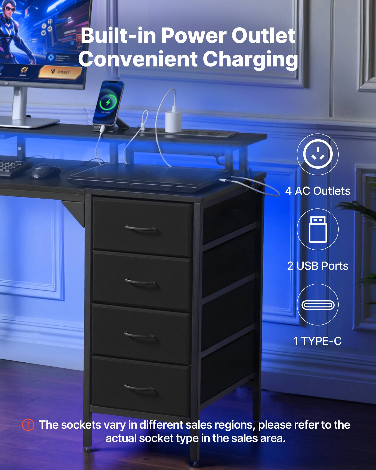 Built-in Power Outlet Convenient Charging

- 4 AC Outlets
- 2 USB Ports
- 1 TYPE-C

The sockets vary in different sales regions, please refer to the actual socket type in the sales area.