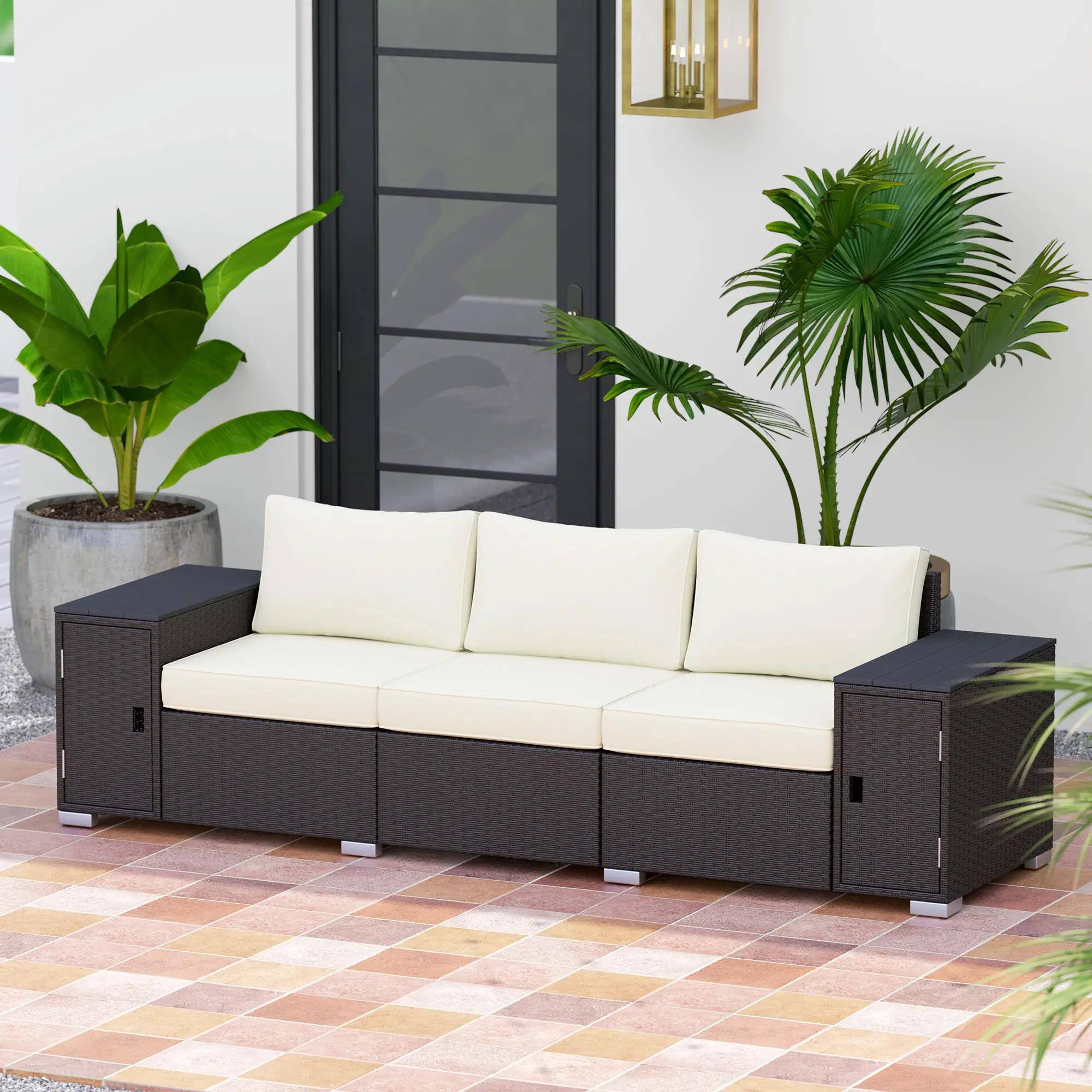 Alt View 5. Spaco - Spaco 3 Seater Storage Sofa, Deep Seat Wide Armrests PE Rattan Patio, Cream - Cream White.