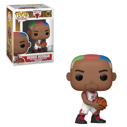 Sure, here is the corrected and grouped text from the image:
---
**POP! BASKETBALL**
**CHICAGO BULLS**
**103**
**DENNIS RODMAN**
**FIGURINE EN VINYLE / FIGURA DE VINIL / FIGURA DE VINIL**
**WARNING: CHOKING HAZARD - Small parts. Not for children under 3 years.**
**ATTENTION: PELIGRO DE AHOGO - Piezas pequeñas. No apto para menores de 3 años.**
**ADVERTENCIA: RIESGO DE AHOGO - Piezas pequeñas. No apto para menores de 3 años.**
---
This text is from the packaging of the Funko Pop! figurine.