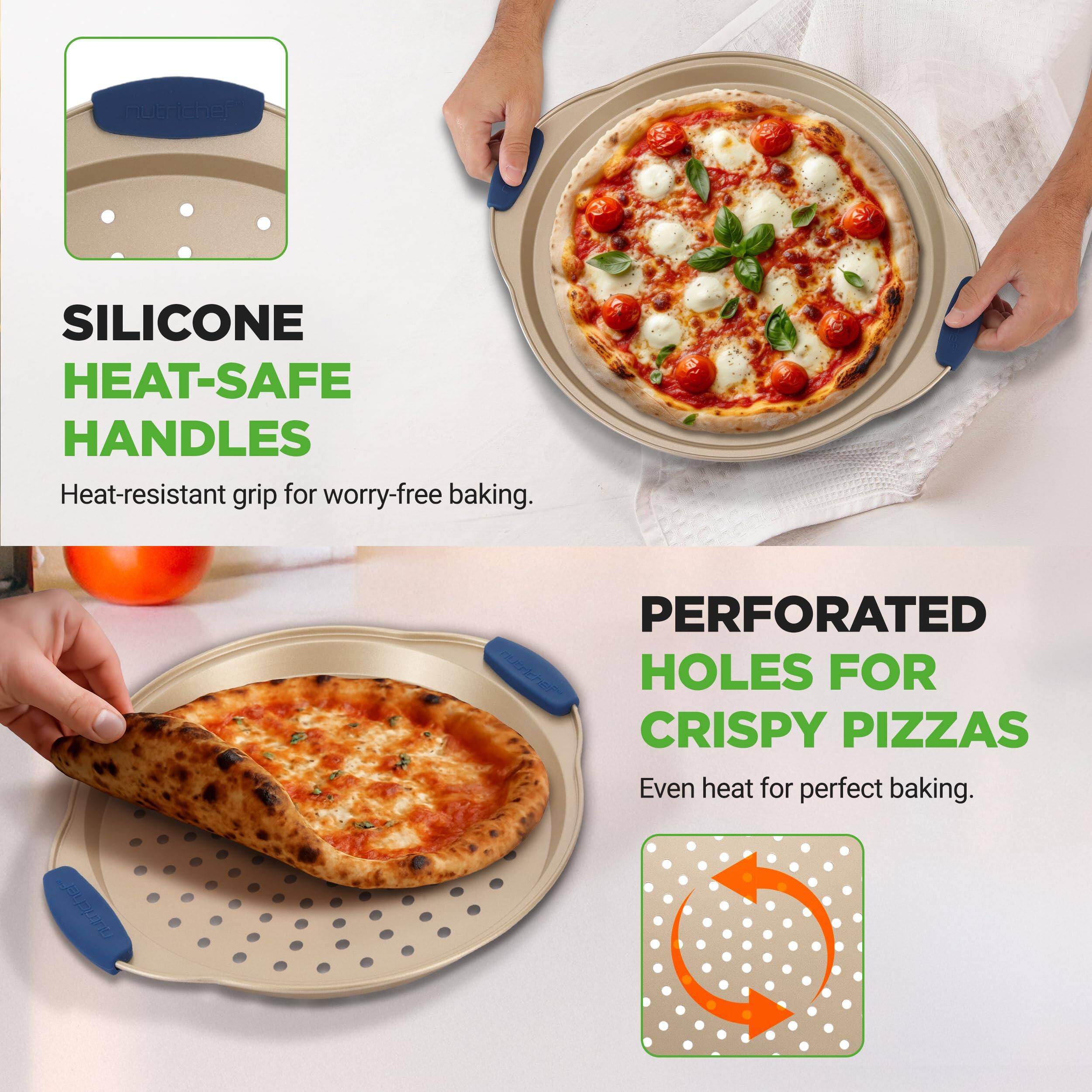 SILICONE HEAT-SAFE HANDLES  
Heat-resistant grip for worry-free baking.  

PERFORATED HOLES FOR CRISPY PIZZAS  
Even heat for perfect baking.