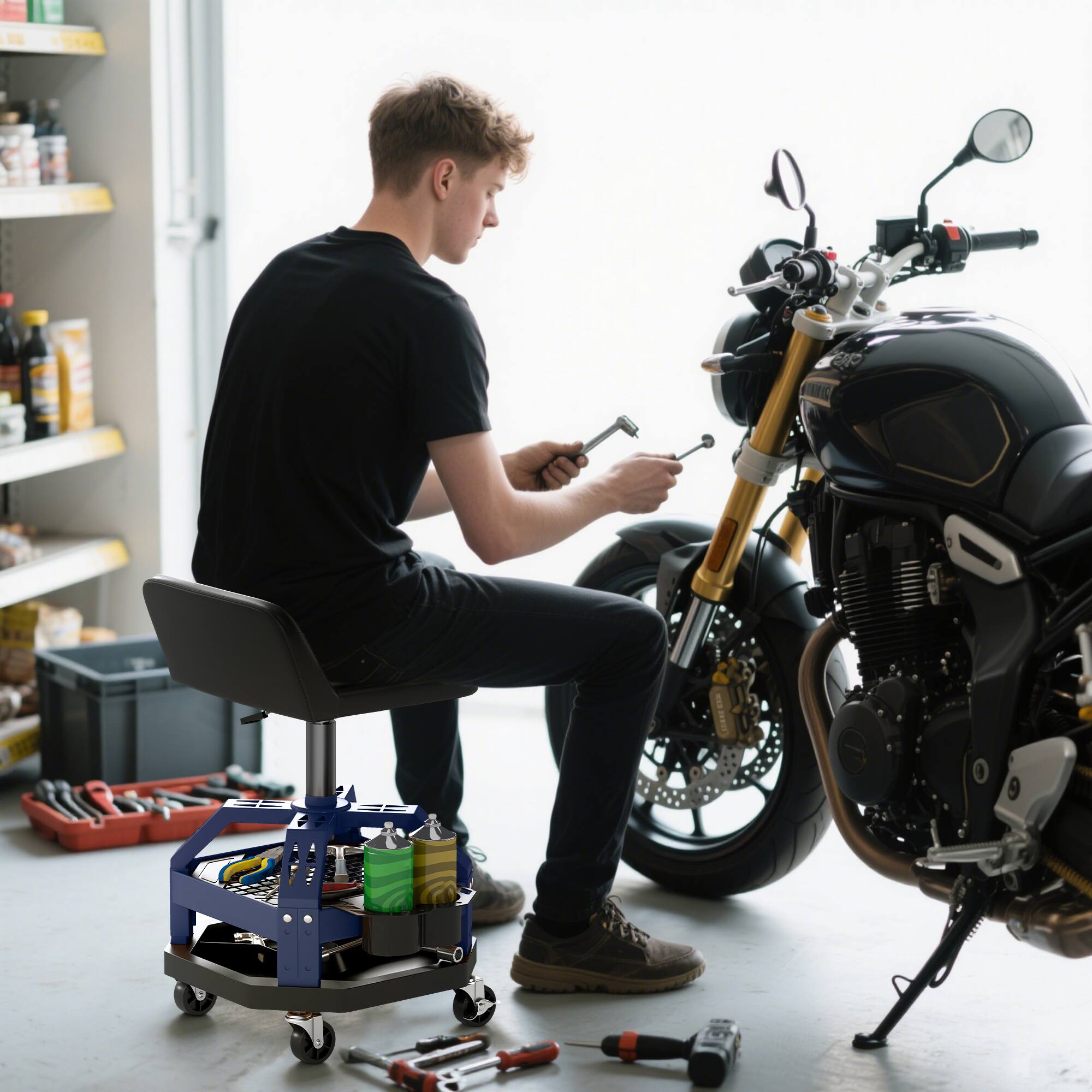 Alt View 8. Homcom - Rolling Mechanic Stool, 300 LBS Capacity Pneumatic Creeper Garage Stool with 360° Wheels, Backrest - Blue.