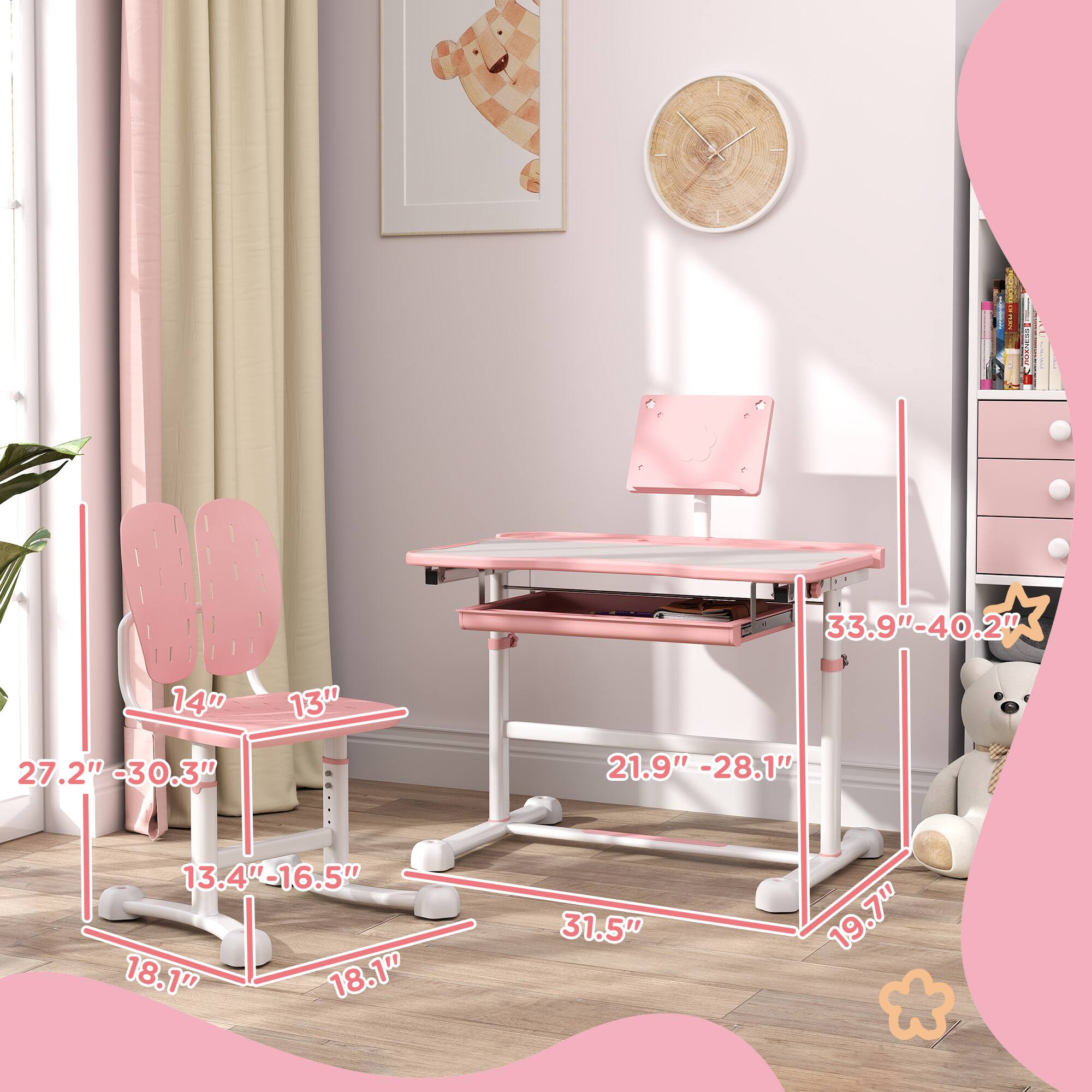 - Table height: 21.9" - 28.1"
- Table depth: 33.9" - 40.2"
- Table width: 31.5"
- Chair seat height: 13.4" - 16.5"
- Chair seat width: 18.1"
- Chair back height: 14"
- Chair back width: 13"
- Table leg width: 18.1"
- Table leg height: 27.2" - 30.3"