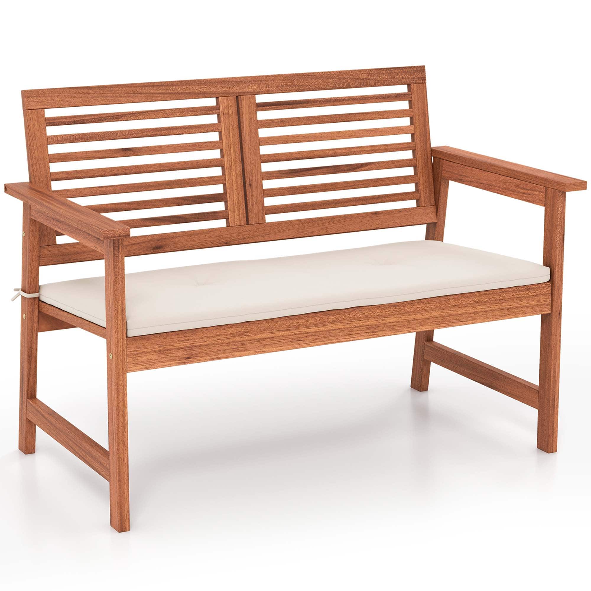 Costway - Patio Bench Outdoor Solid Wood Loveseat Chair with Backrest & Cushion Porch Garden - Natural,Off White price history on PriceWatchPro