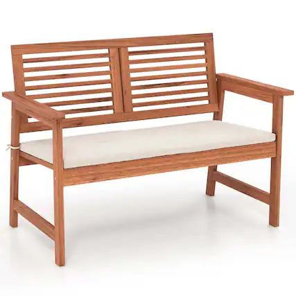 Front. Costway - Costway Patio Bench Outdoor Solid Wood Loveseat Chair with Backrest & Cushion Porch Garden - Natural,Off White.