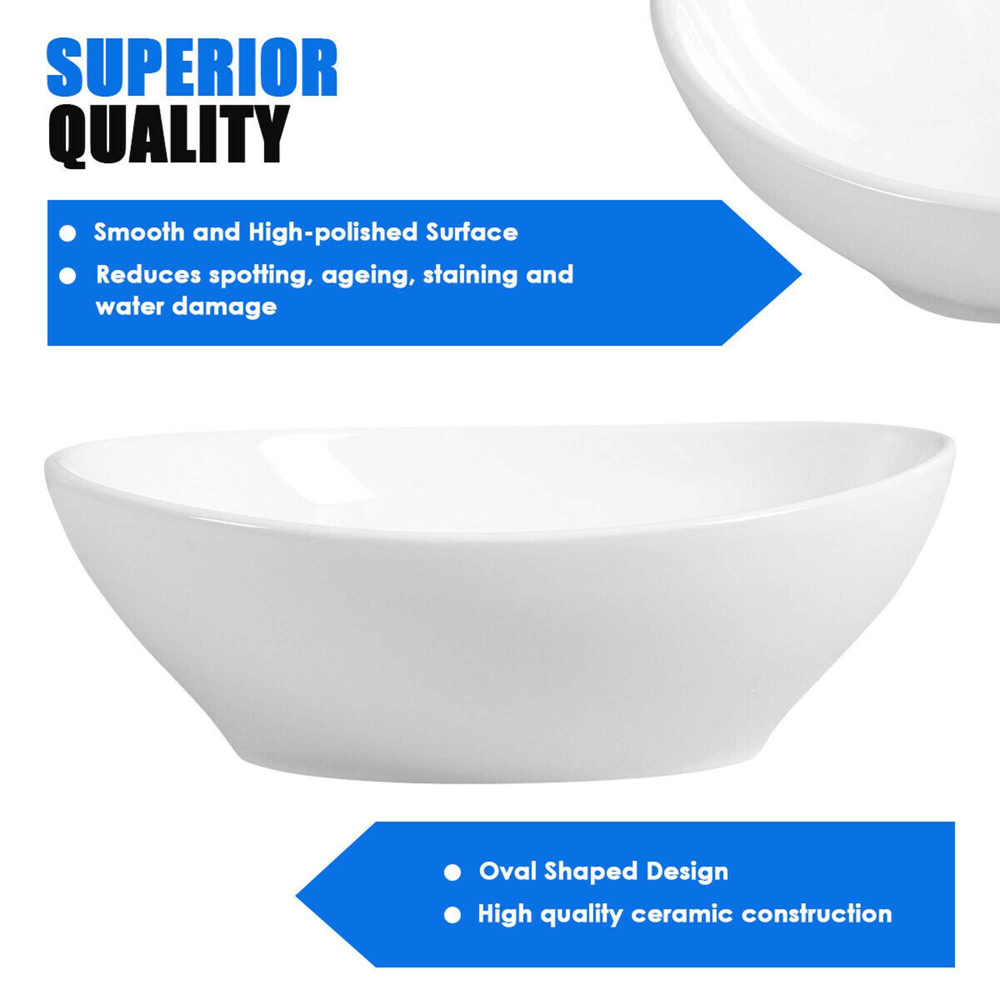 SUPERIOR QUALITY

- Smooth and High-polished Surface
- Reduces spotting, ageing, staining and water damage

Oval Shaped Design
High quality ceramic construction