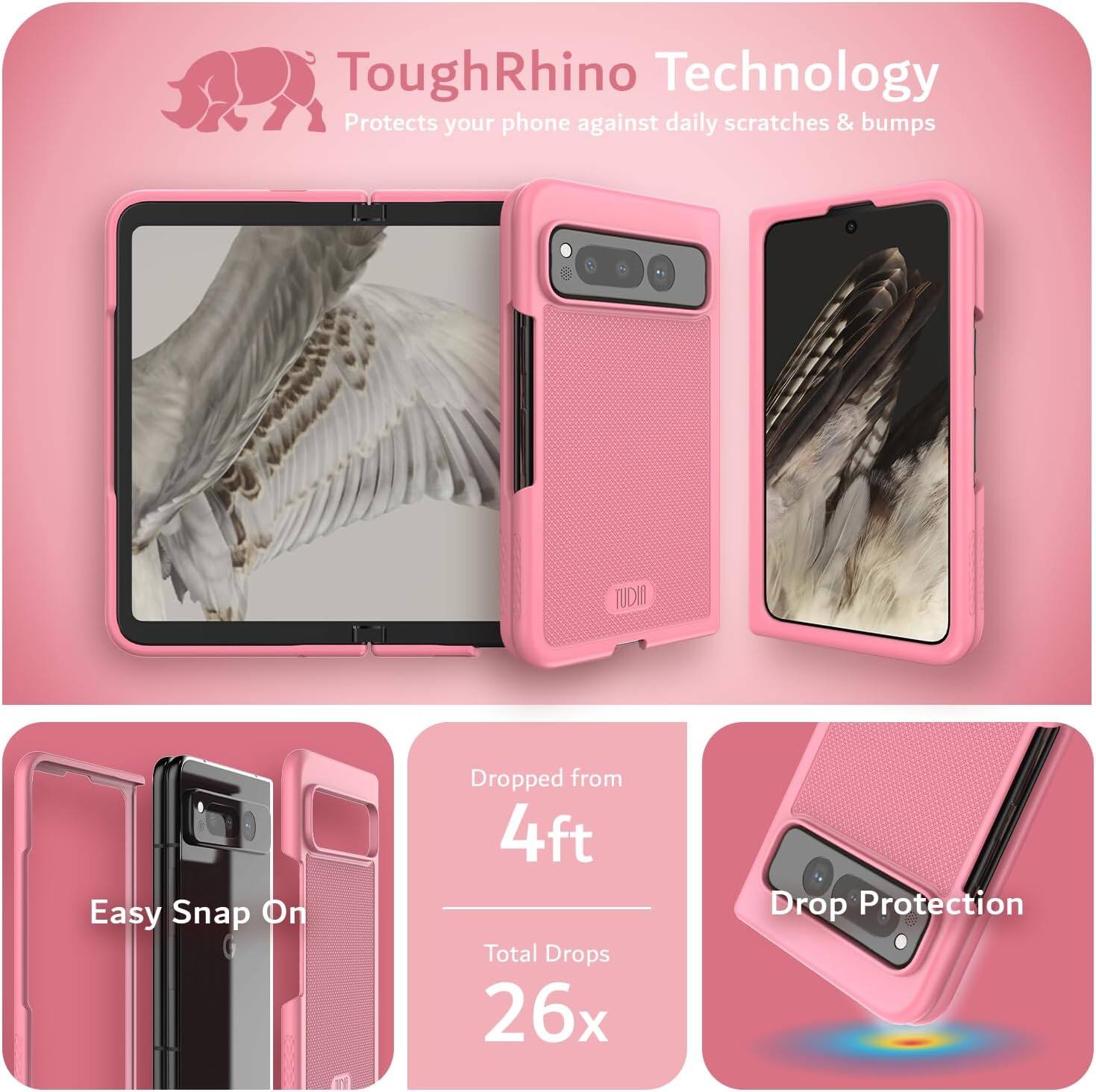 ToughRhino Technology  
Protects your phone against daily scratches & bumps  

Easy Snap On  

Dropped from 4ft  
Total Drops 26x  

Drop Protection