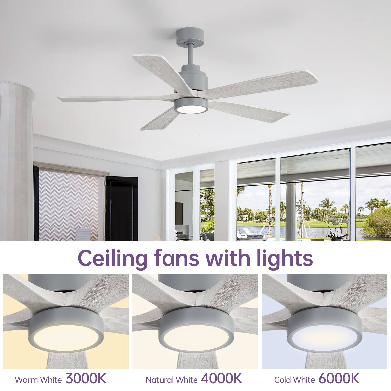 Ceiling fans with lights

Warm White 3000K  
Natural White 4000K  
Cold White 6000K