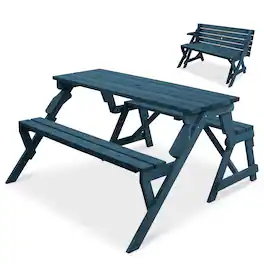 Best Choice Products - 2-in-1 Outdoor Interchangeable Wooden Picnic Table/Garden Bench for w/ Umbrella Hole - Harbor Blue