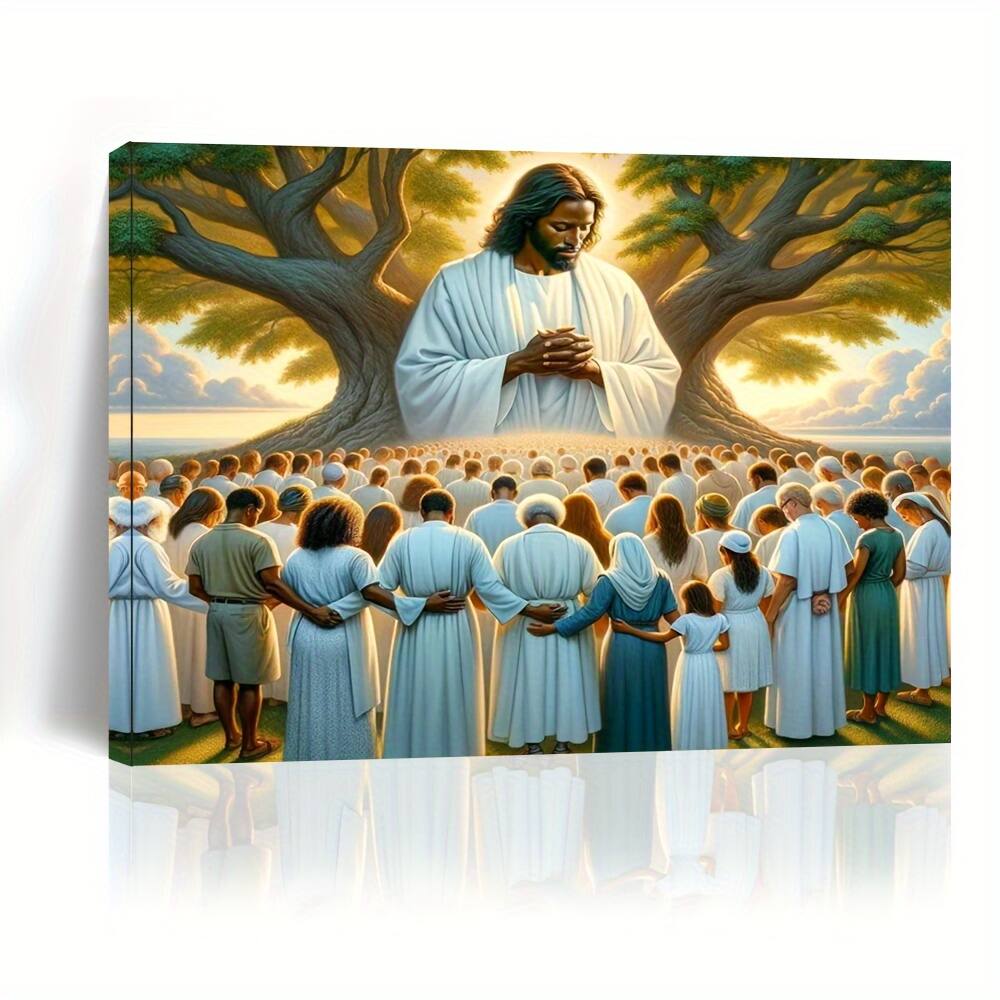 blue - 1 Piece Wood Frame Canvas Painting, Black Jesus, African American Christian Jesus Bless Us, Framed Wall Art Print, Suit - Color:24*16inch