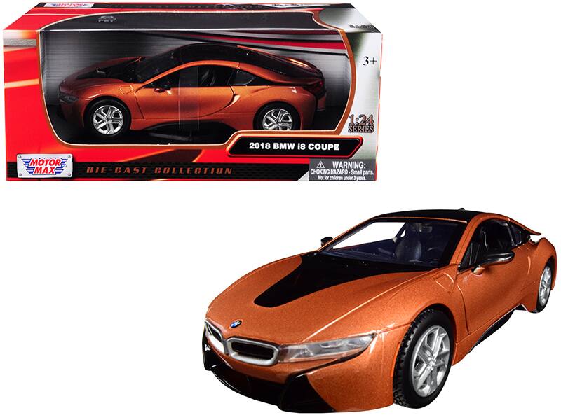 2018 BMW i8 Coupe Top 1/24 Diecast Model Car by Motormax - Metallic Orange With Black